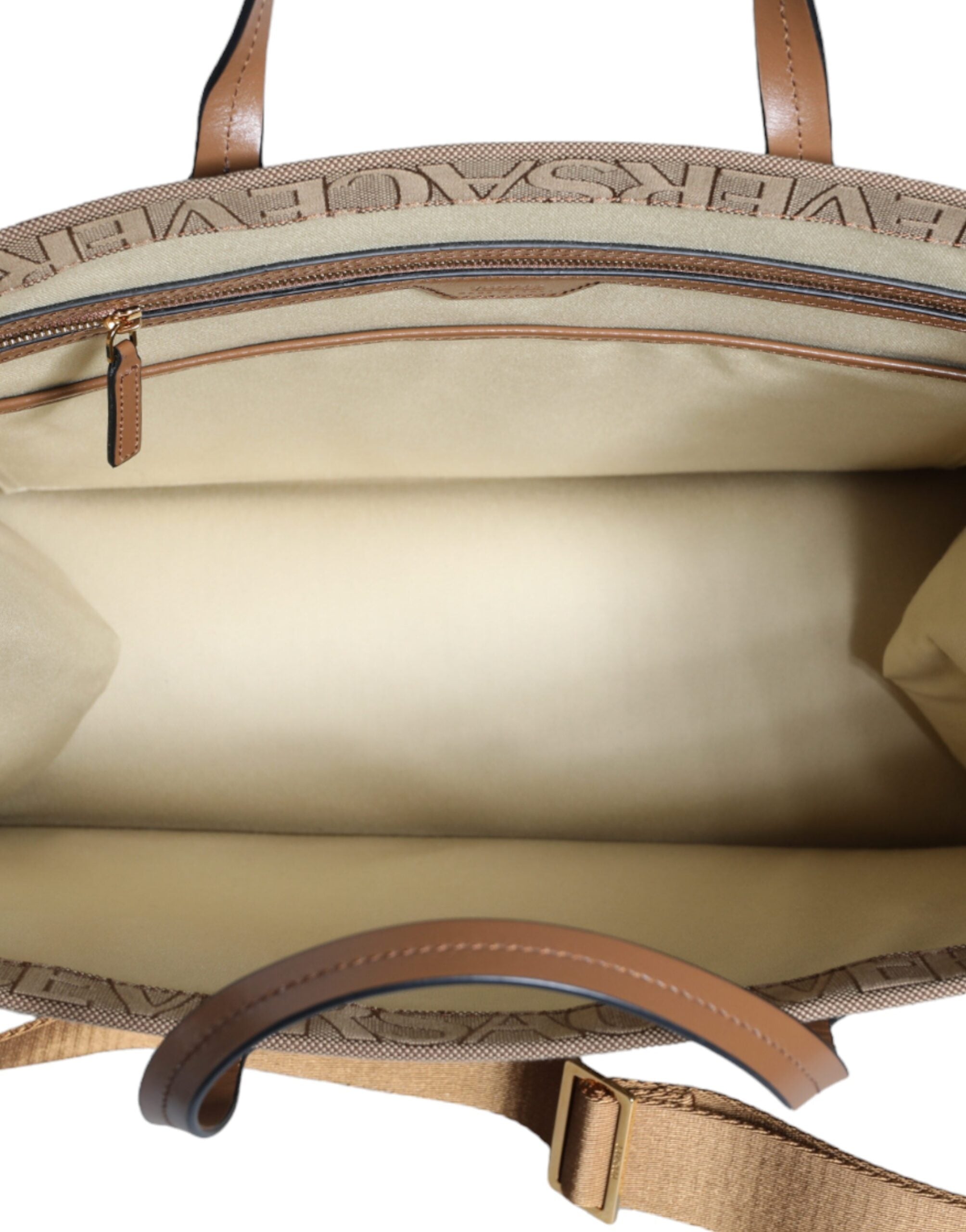 Versace Top Handle Jacquard Leather Logo Crossbody Tote Brown Bag Glam Steals