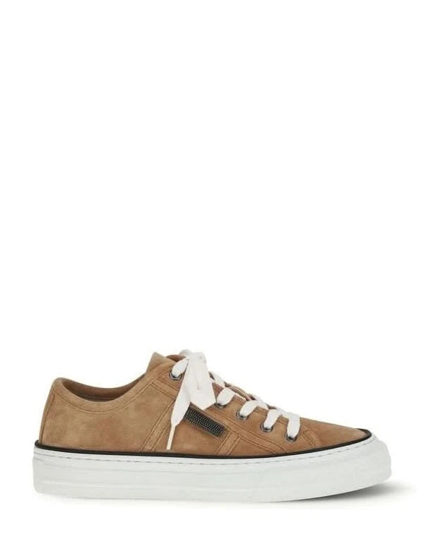 Brunello Cucinelli Beige Calf Leather Bos Taurus Low Top Sneakers