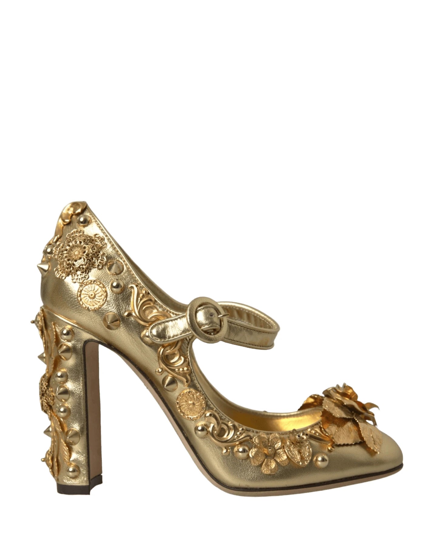 Dolce & Gabbana Gold Leather Crystal Mary Janes Pumps Shoes Heels