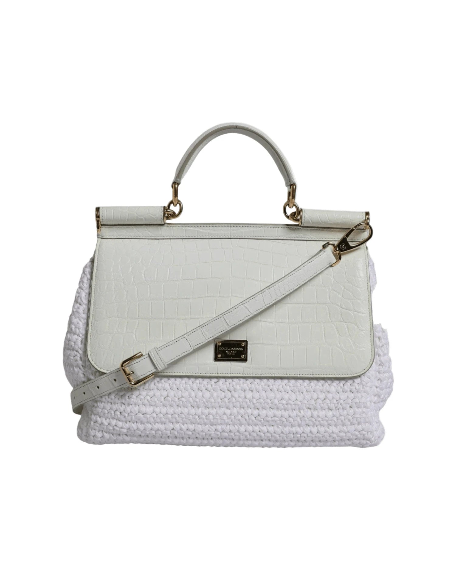 Dolce & Gabbana White Leather Rafia Top Handle Crossbody Bag Cross Body Bags