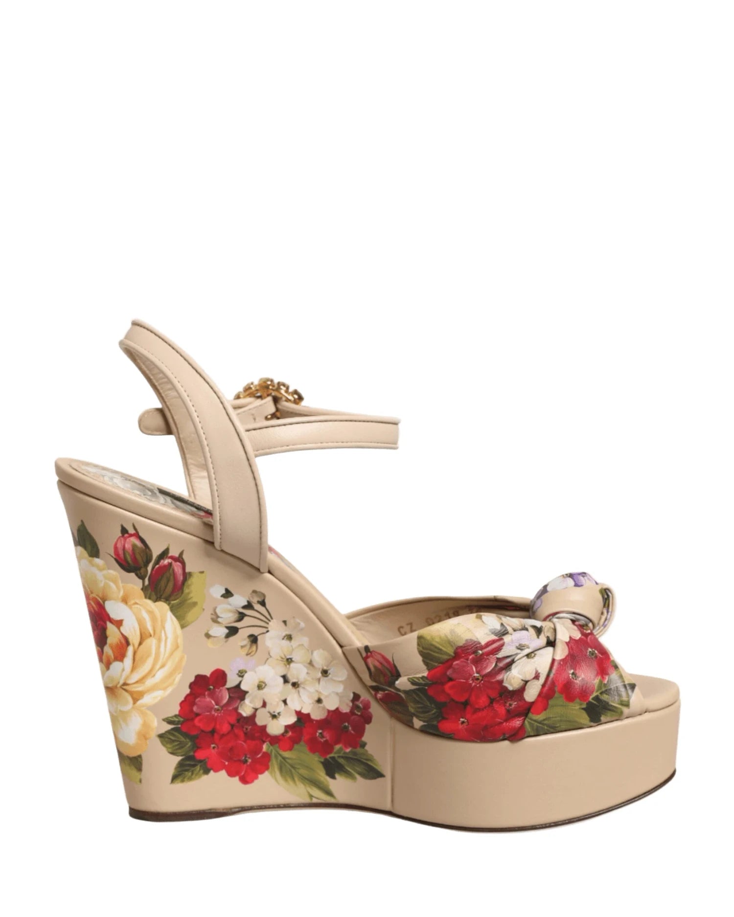 Dolce & Gabbana Beige Floral Ankle Strap Wedge Sandals Shoes Sandals