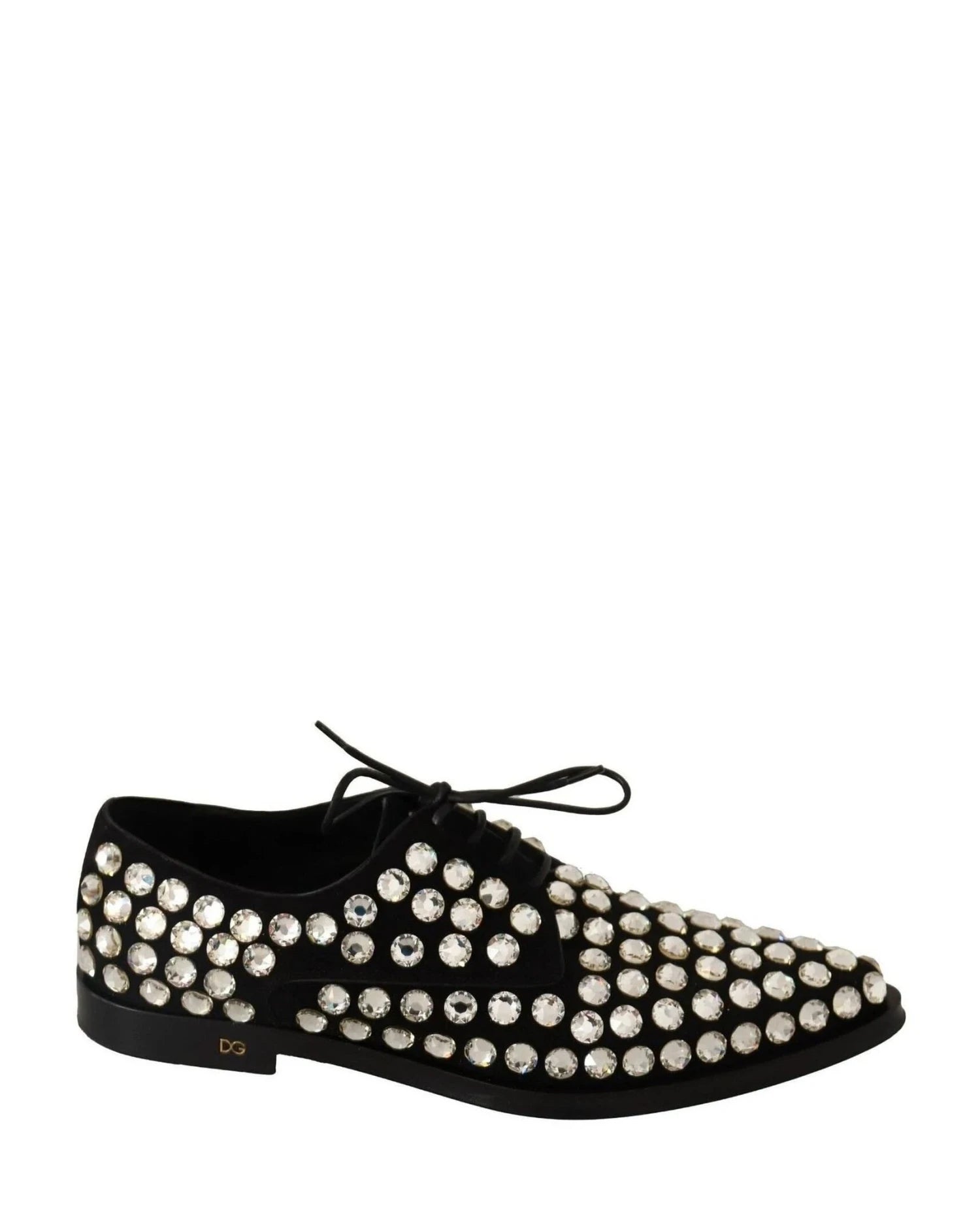 Dolce & Gabbana Black Leather Crystals Lace Up Formal Shoes Flats