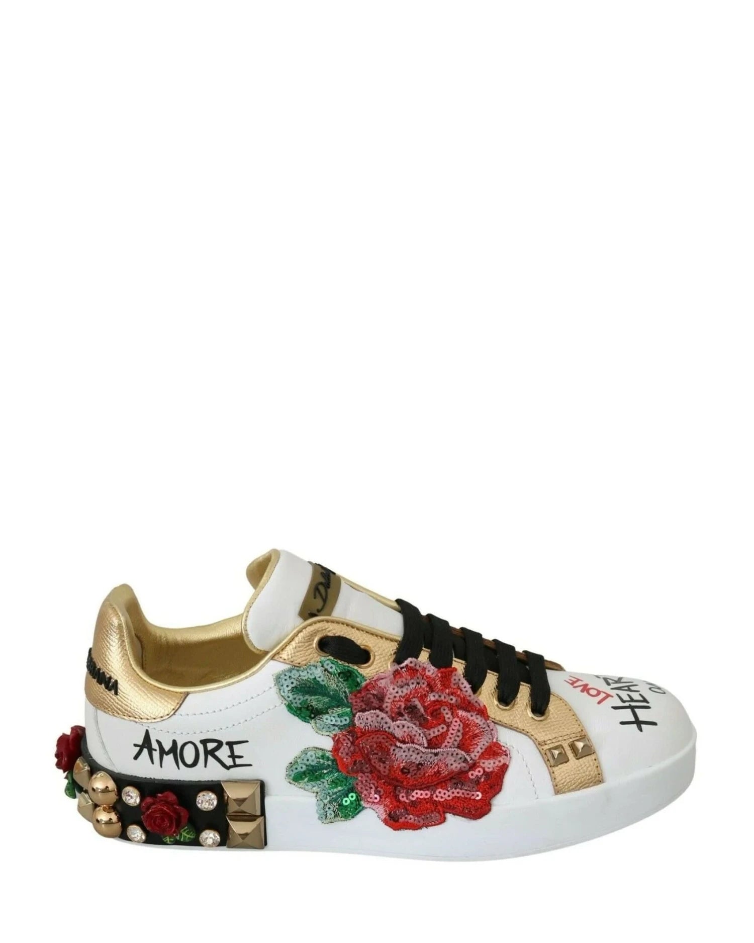 Dolce & Gabbana White Roses Sequined Crystal Sneakers Sneakers