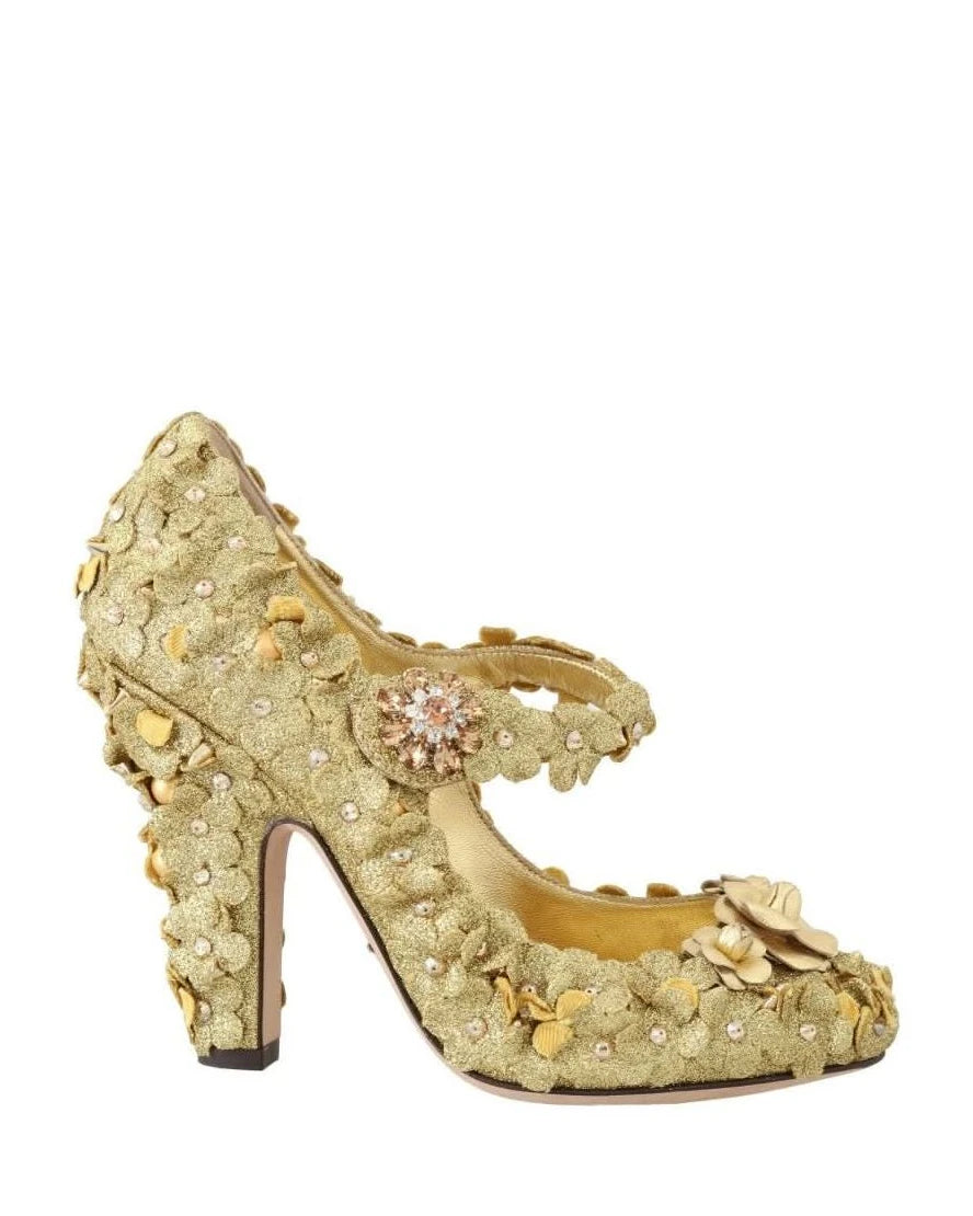 Dolce & Gabbana Gold Floral Crystal Mary Janes Pumps Heels