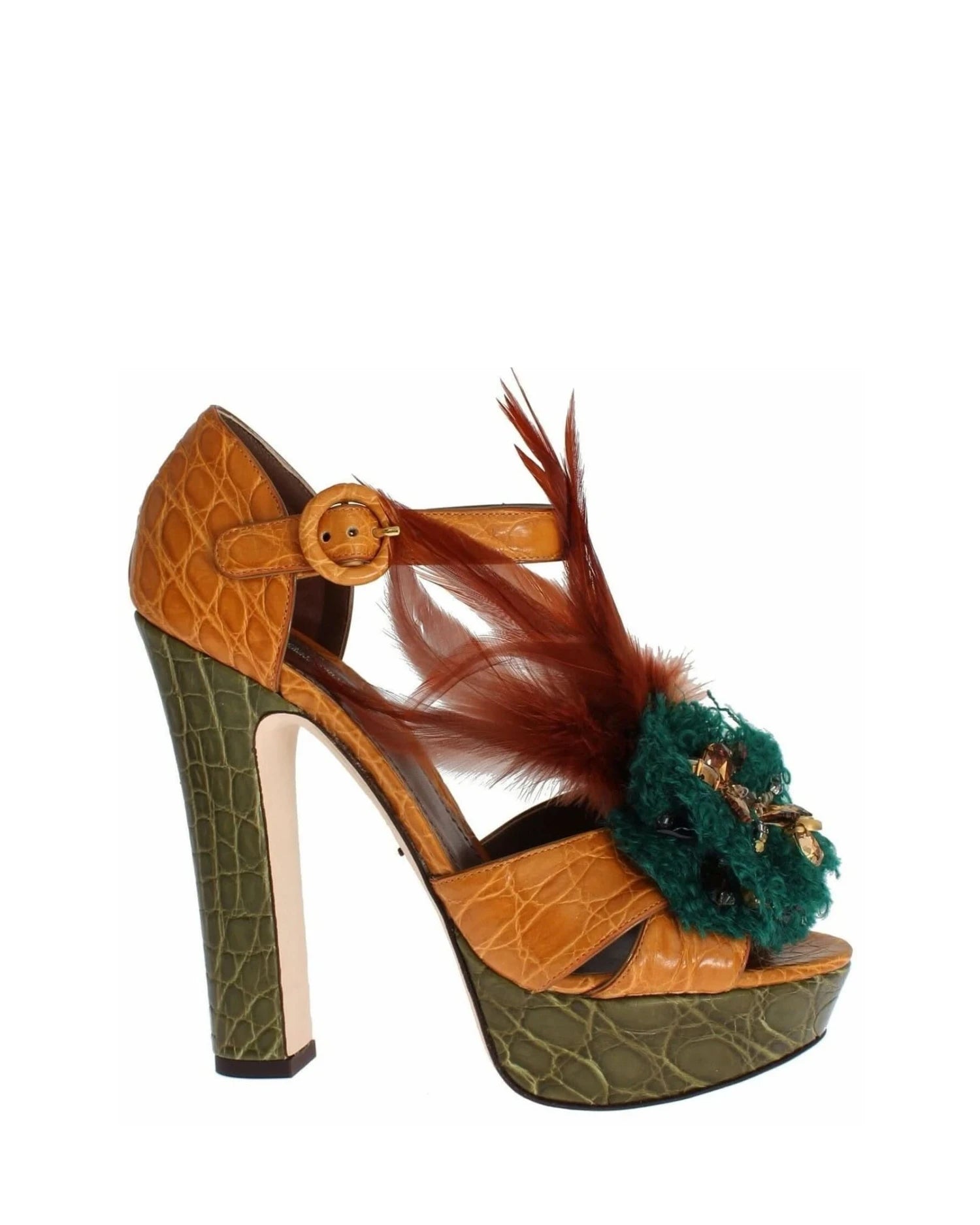 Dolce & Gabbana Orange Leather Crystal Platform Sandals Heels