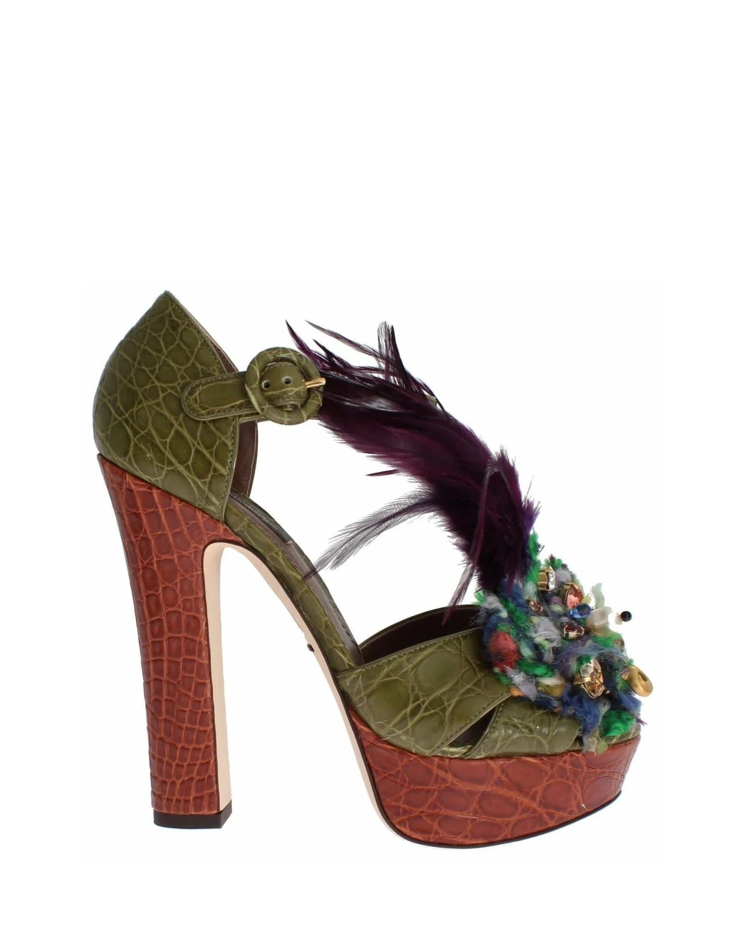 Dolce & Gabbana Green Leather Crystal Platform Sandals Heels