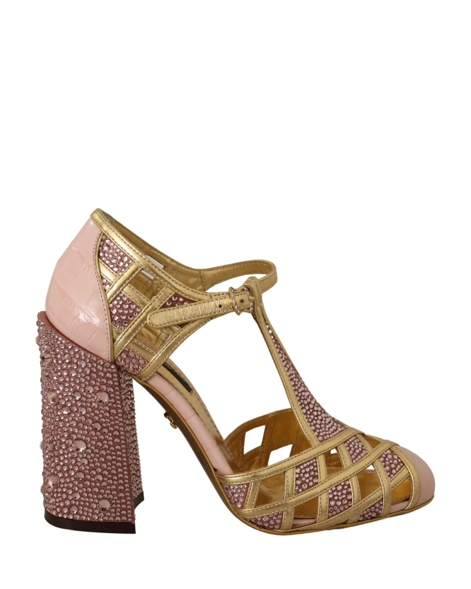 Dolce & Gabbana Pink Leather Gold Crystal Pumps T Strap Shoes Heels