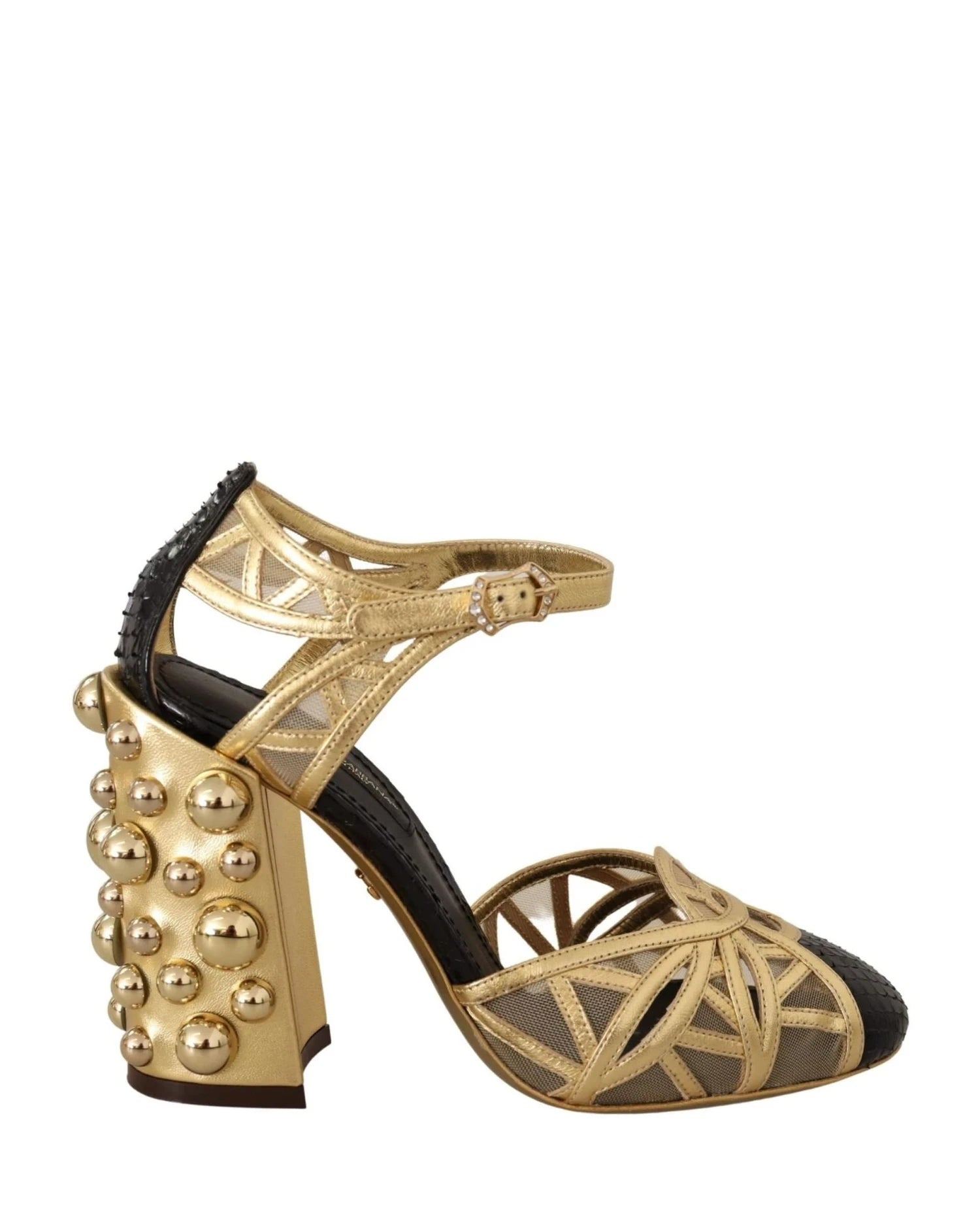 Dolce & Gabbana Gold Leather Studded Ankle Straps Shoes Heels