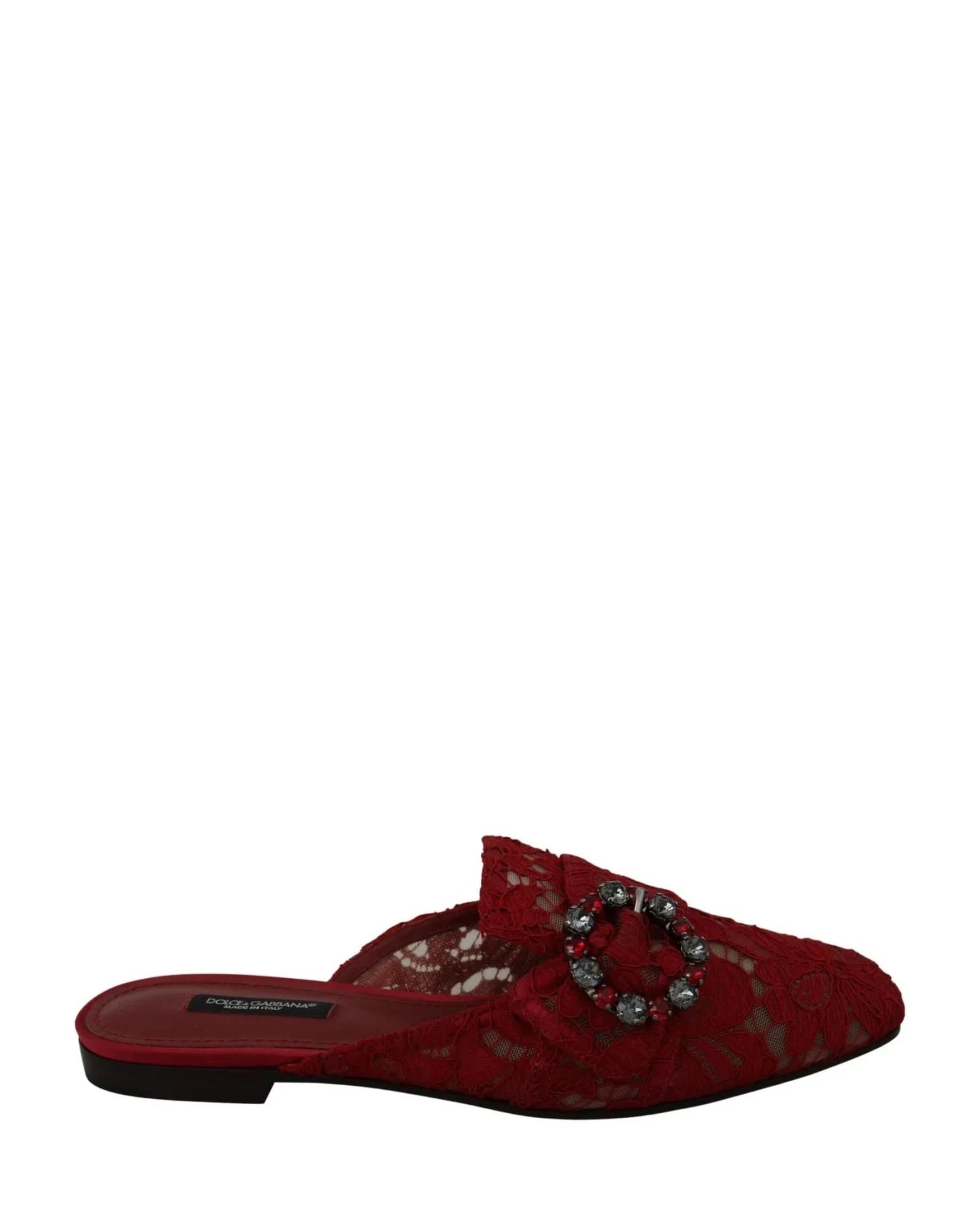 Dolce & Gabbana Red Lace Crystal Slide On Flats Shoes Flats