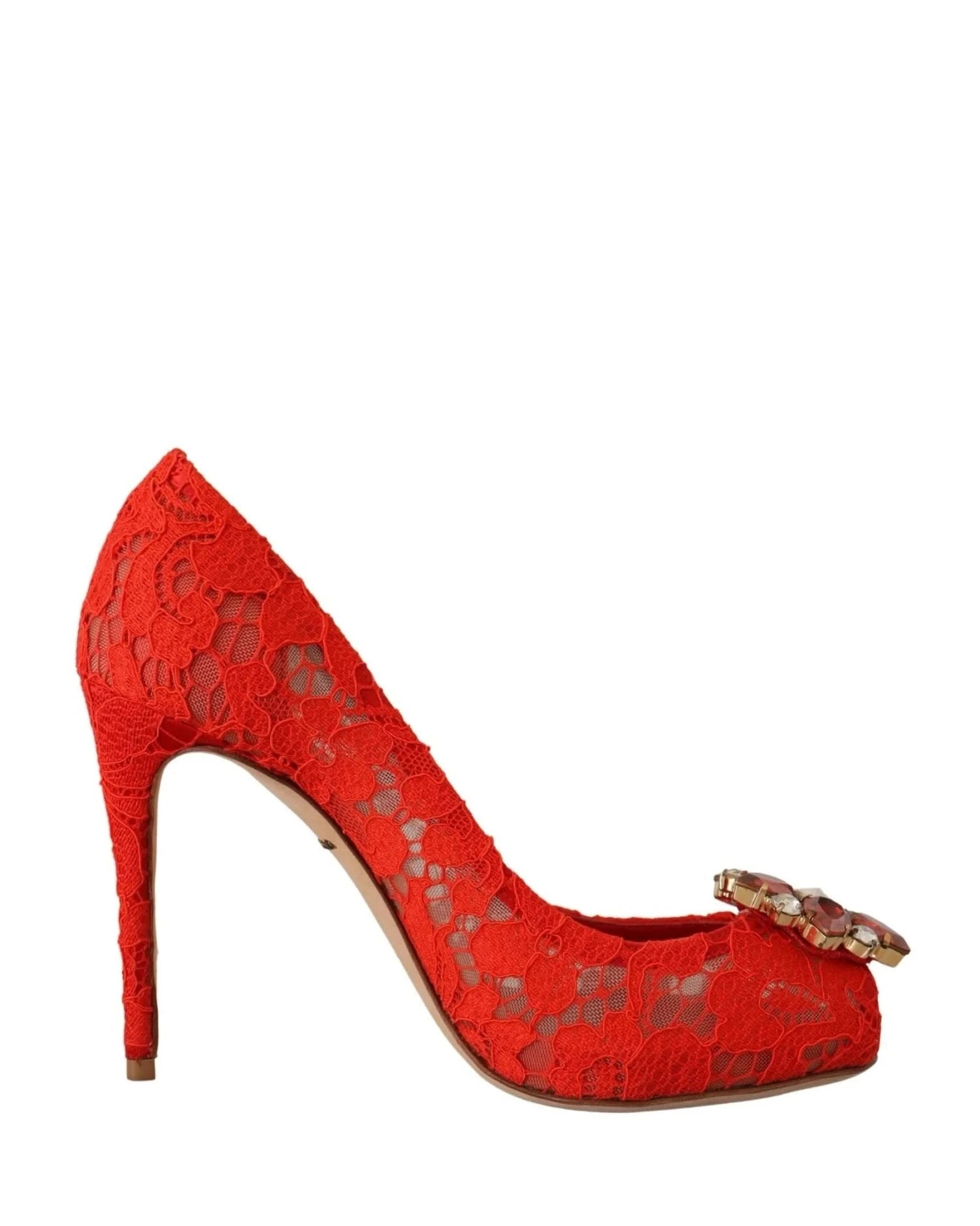 Dolce & Gabbana Red Lace Taormina Crystal Heels Pumps Heels