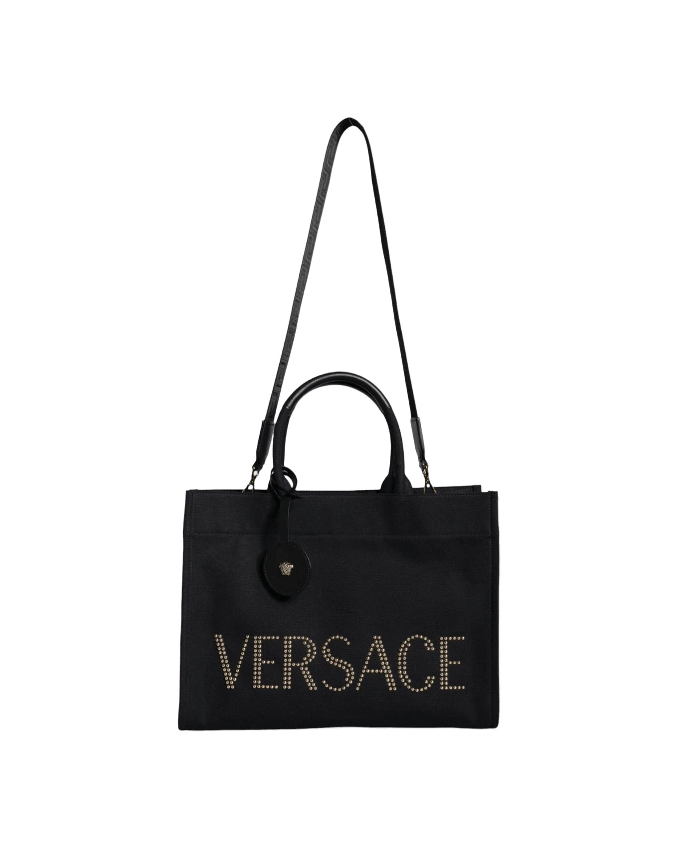 Versace Top Black Handle Canvas Leather Logo Crossbody Tote Bag Cross Body Bags