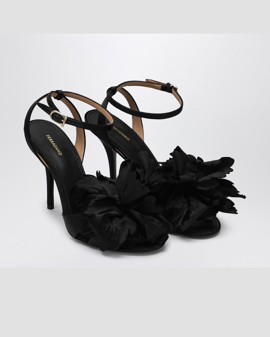 Ferragamo Black satin flower sandals Glam Steals