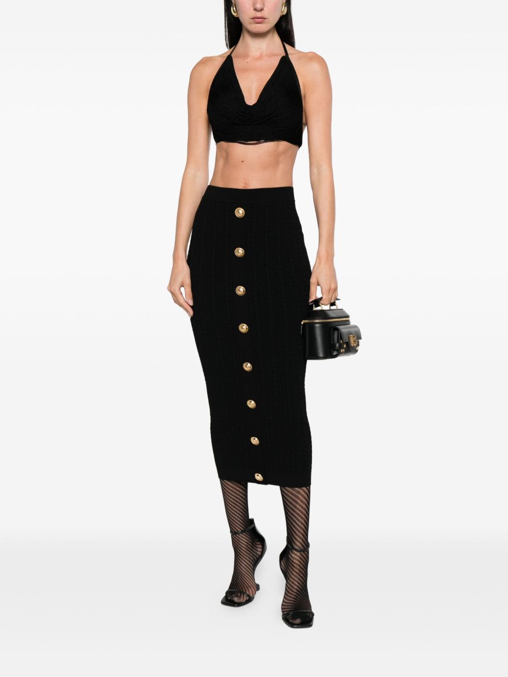 Balmain Cable Knit Button Front Midi Fitted Skirt Glam Steals