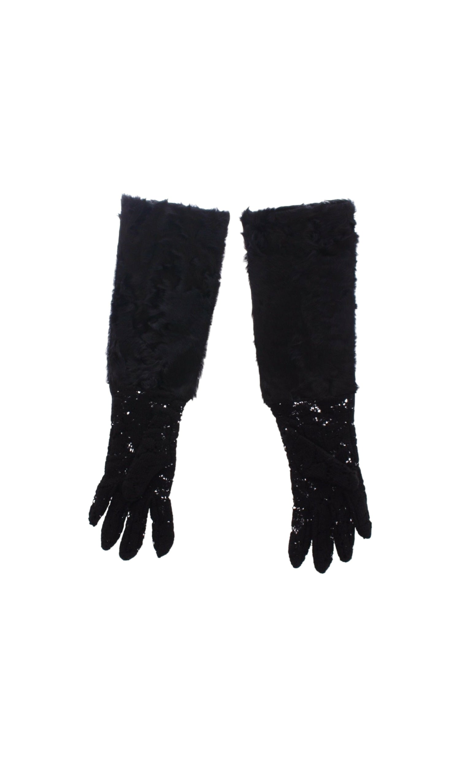 Dolce & Gabbana Wool Lace & Lamb Fur Elbow Black Gloves