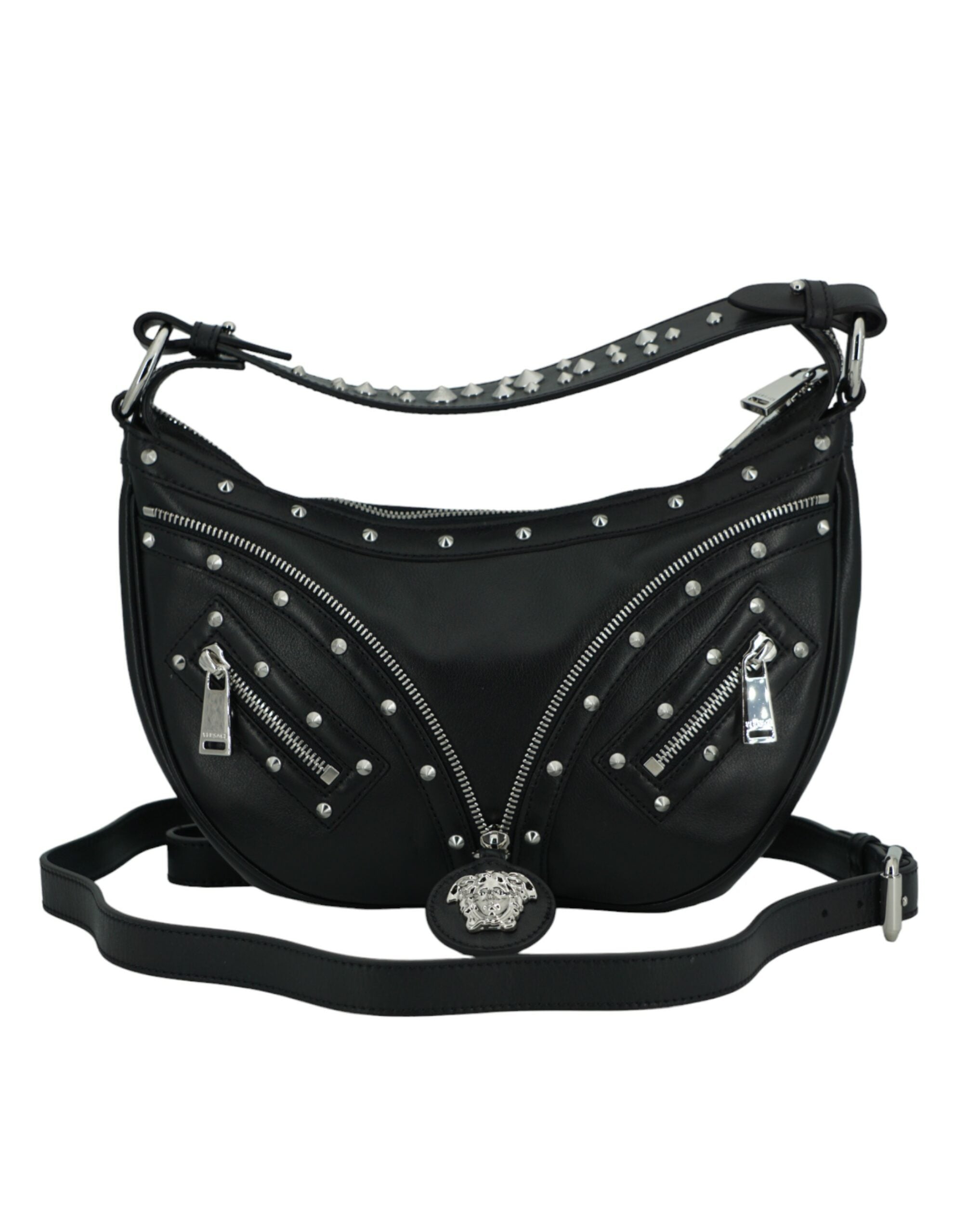 Versace Elegant Leather Hobo Shoulder Black Bag