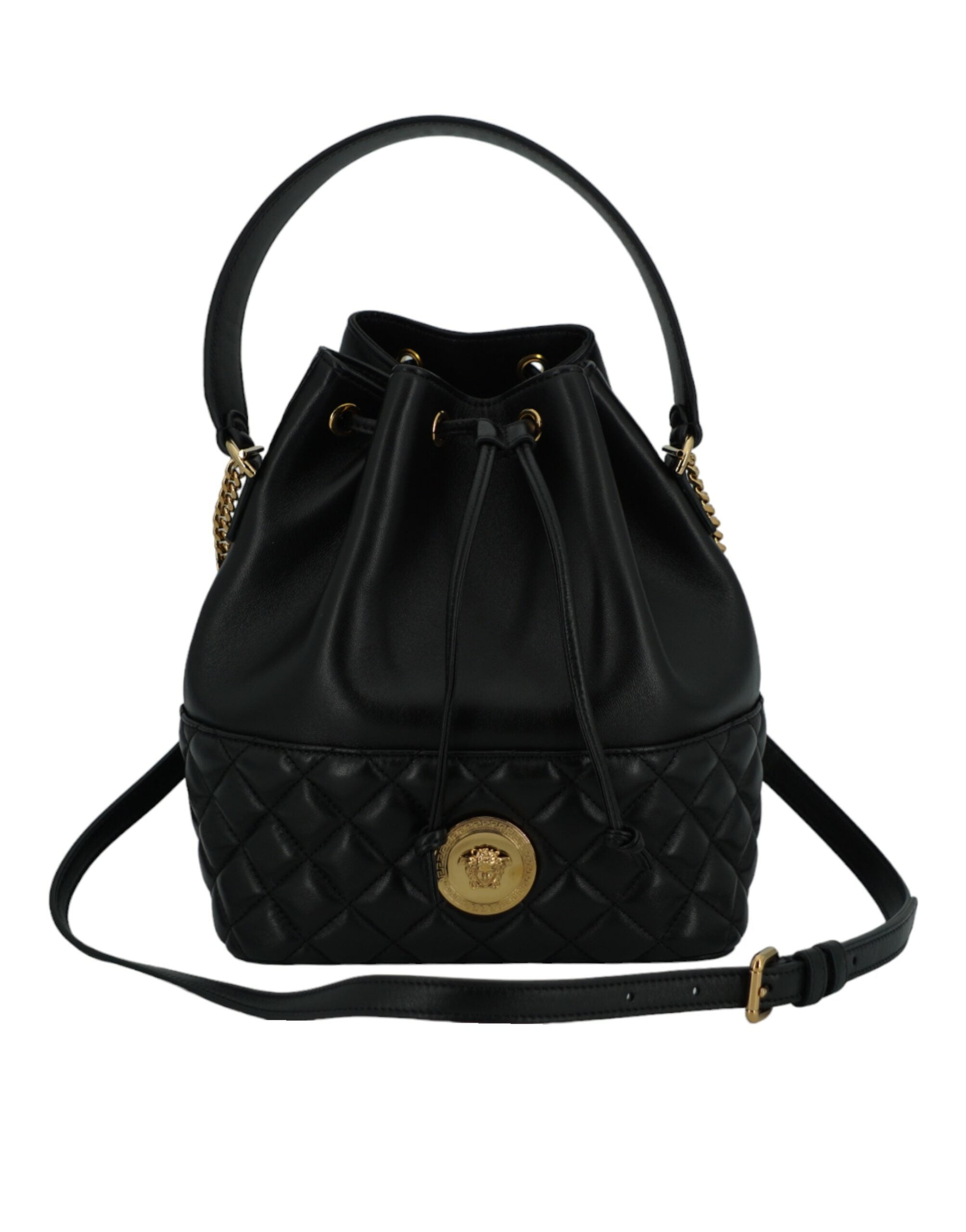 Versace Elegant Leather Medusa Bucket Shoulder Black Bag