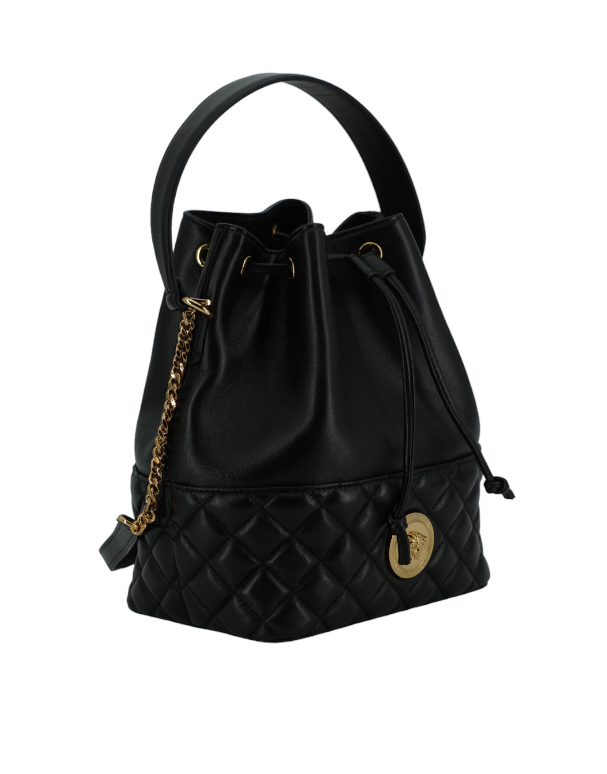 Versace Elegant Leather Medusa Bucket Shoulder Black Bag