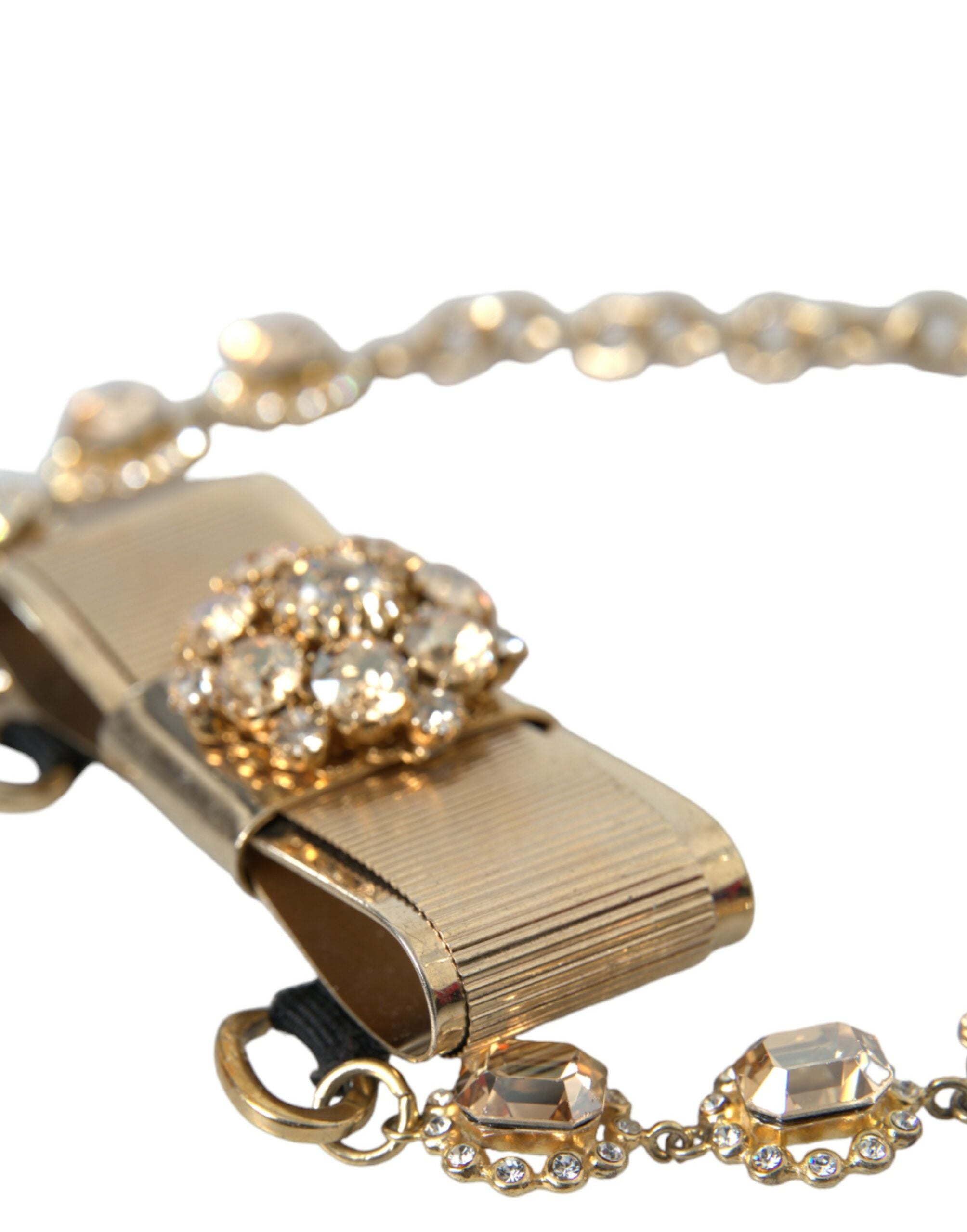 Dolce & Gabbana Brass Crystal Bow Chain Choker Gold Clear Necklace