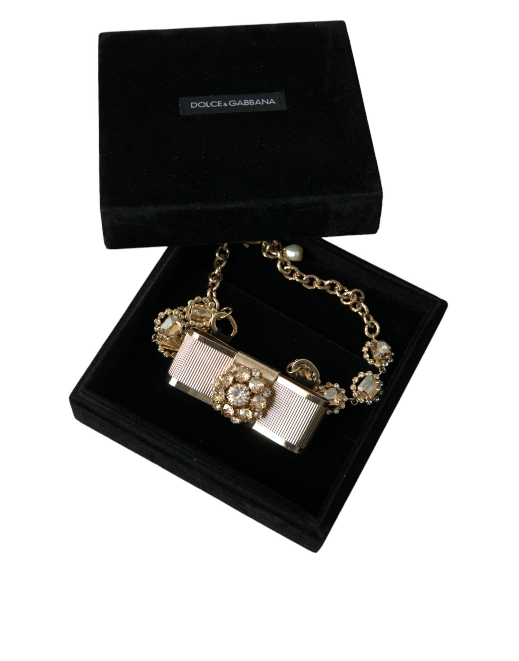 Dolce & Gabbana Brass Crystal Bow Chain Choker Gold Clear Necklace