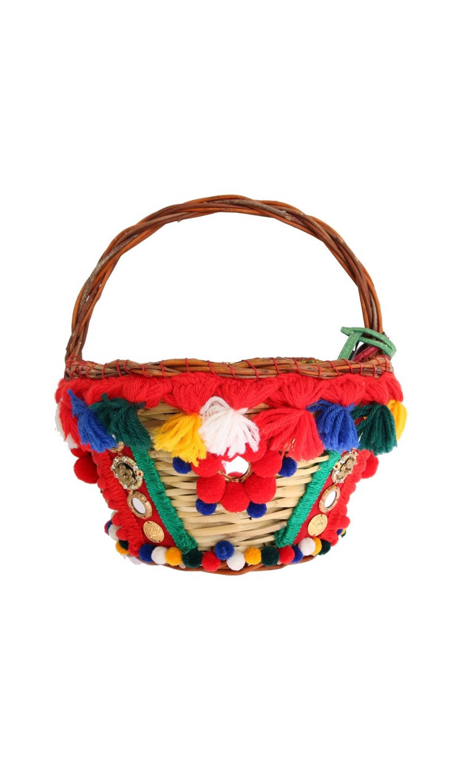Dolce & Gabbana Beige Elegant Straw Exotic Skins Pom Tote