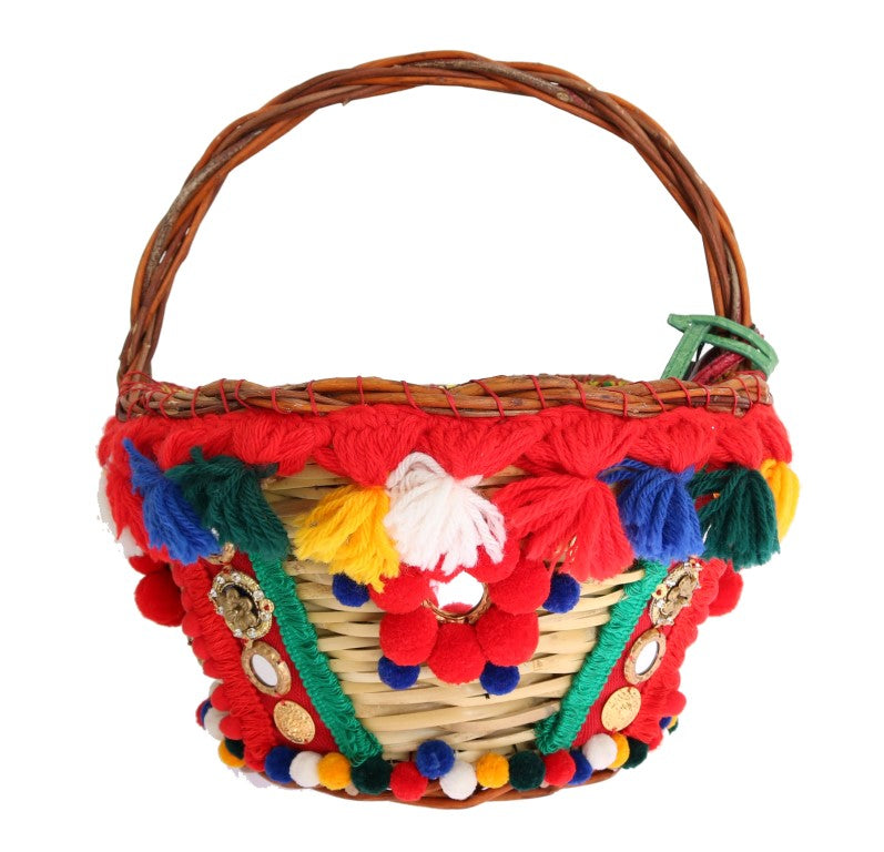 Dolce & Gabbana Beige Elegant Straw Exotic Skins Pom Tote
