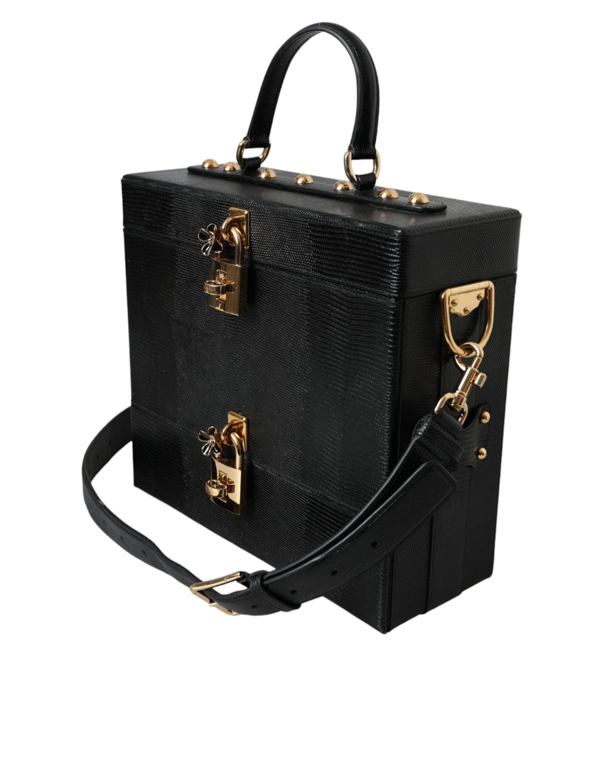 Dolce & Gabbana Lizard Embossed Calfskin Leather Double Box Black Bag