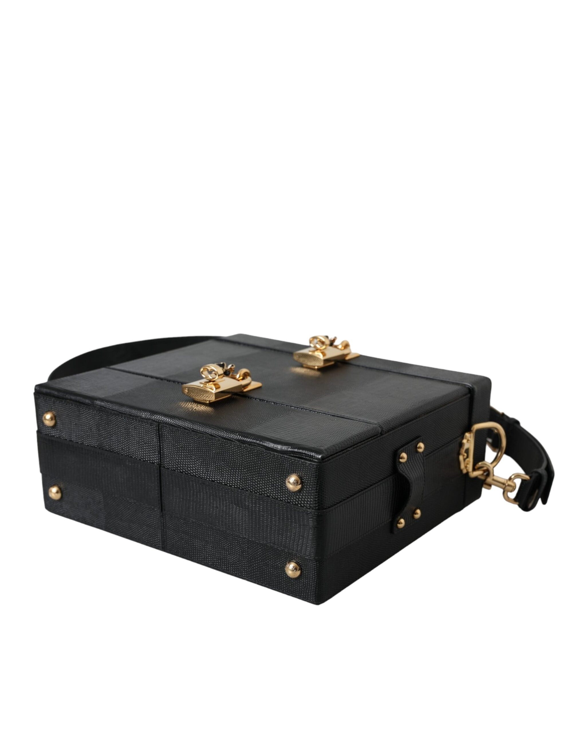 Dolce & Gabbana Lizard Embossed Calfskin Leather Double Box Black Bag