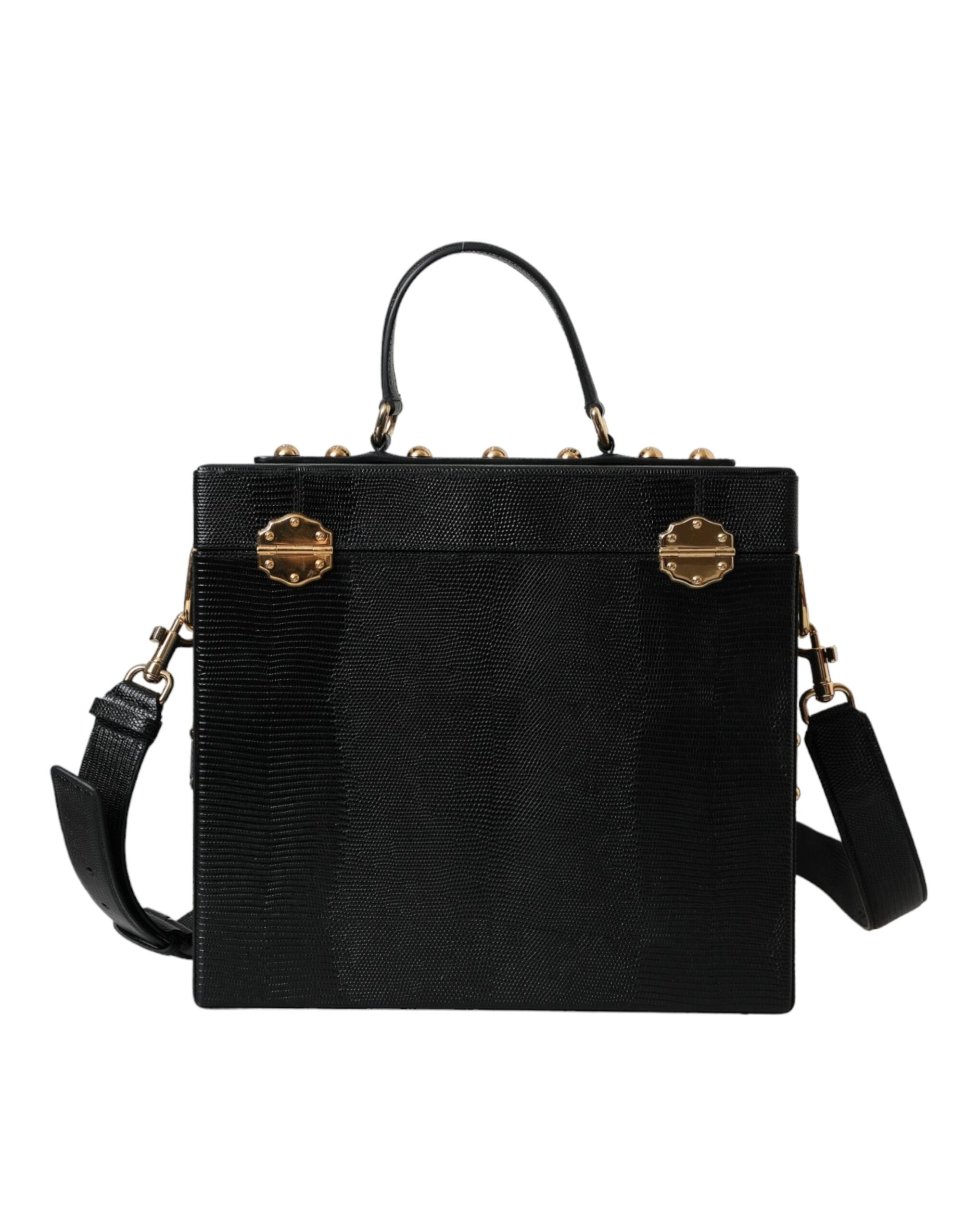 Dolce & Gabbana Lizard Embossed Calfskin Leather Double Box Black Bag