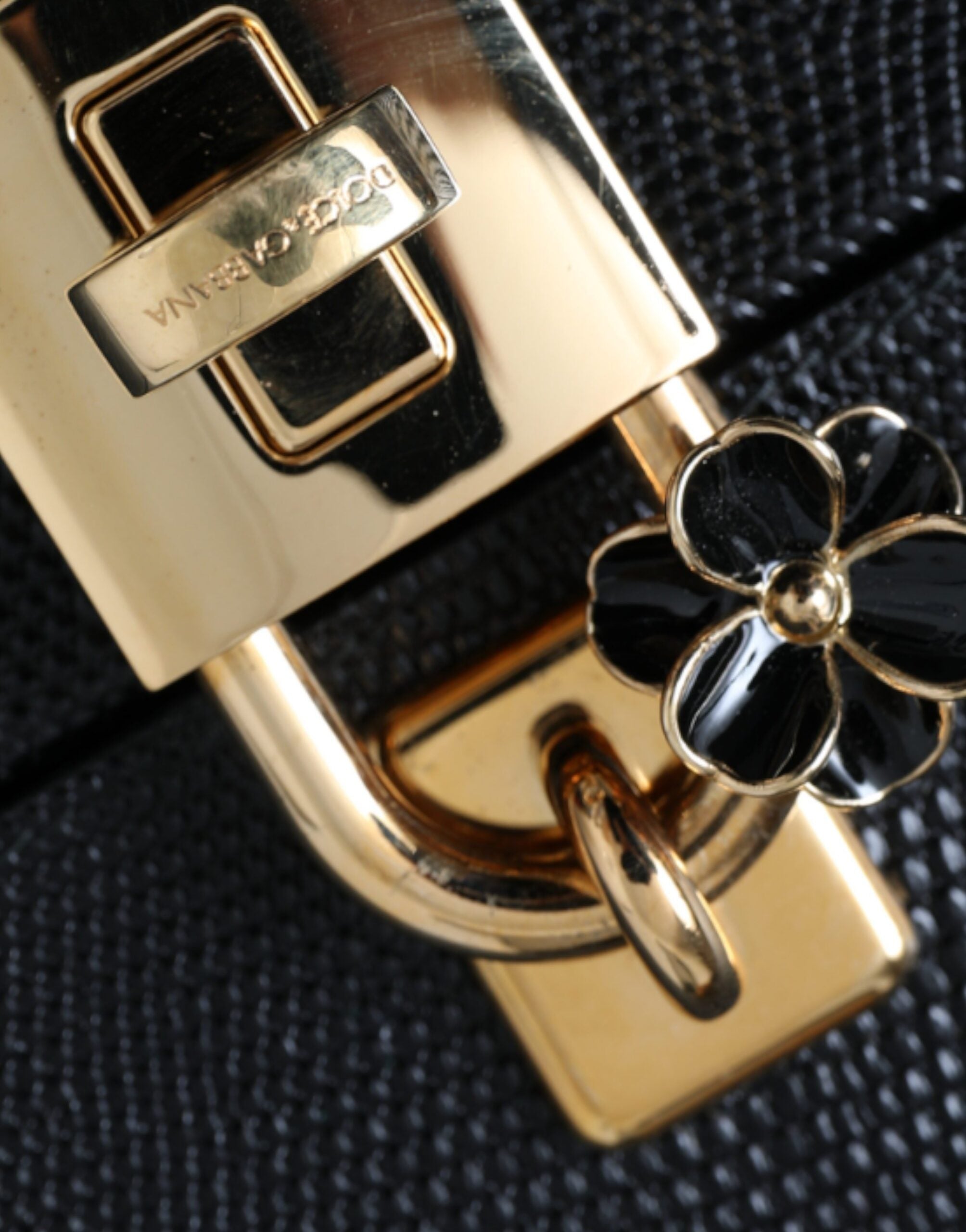 Dolce & Gabbana Lizard Embossed Calfskin Leather Double Box Black Bag