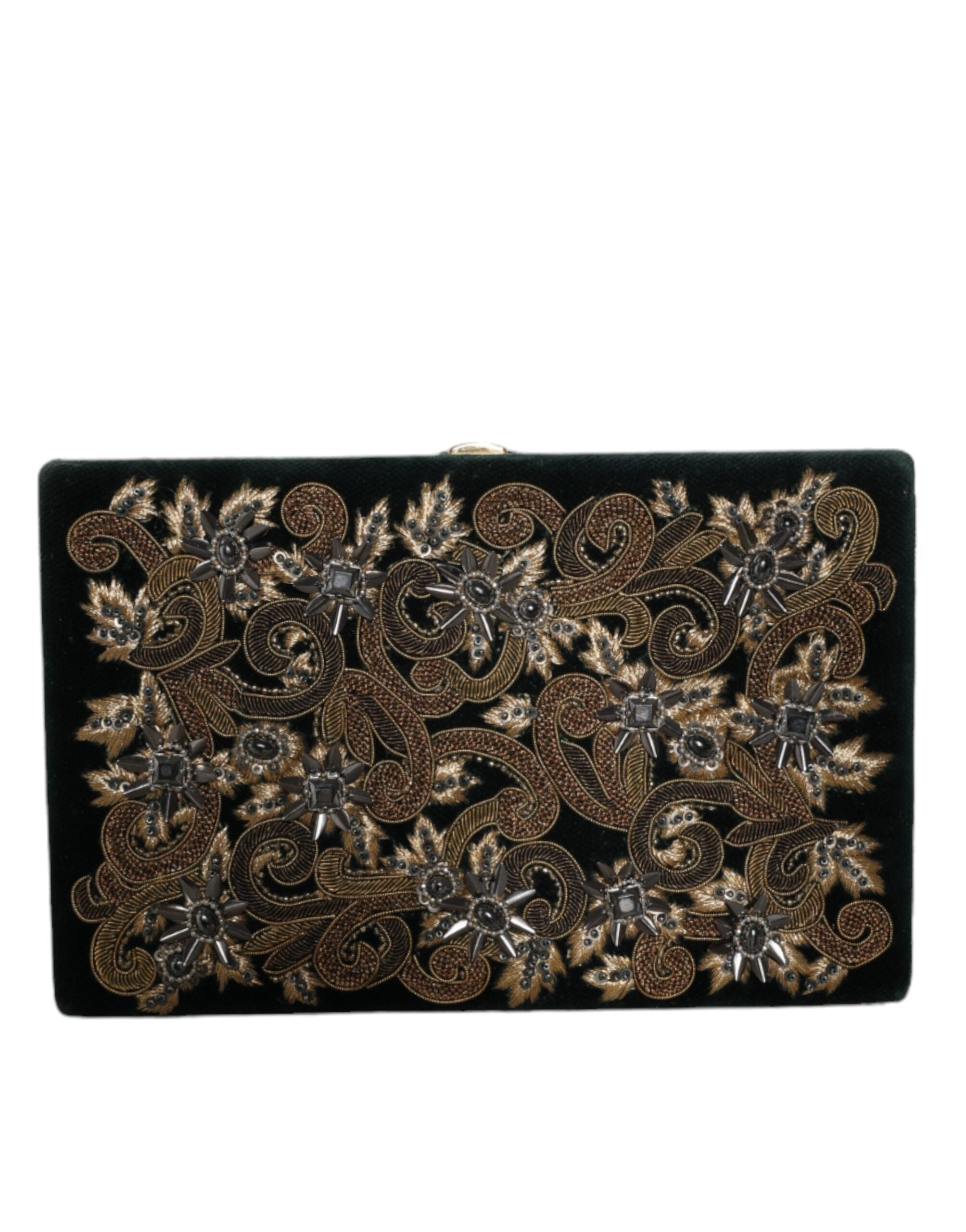Dolce & Gabbana Velvet Frame Clutch Evening Party Purse Black Gold Bag