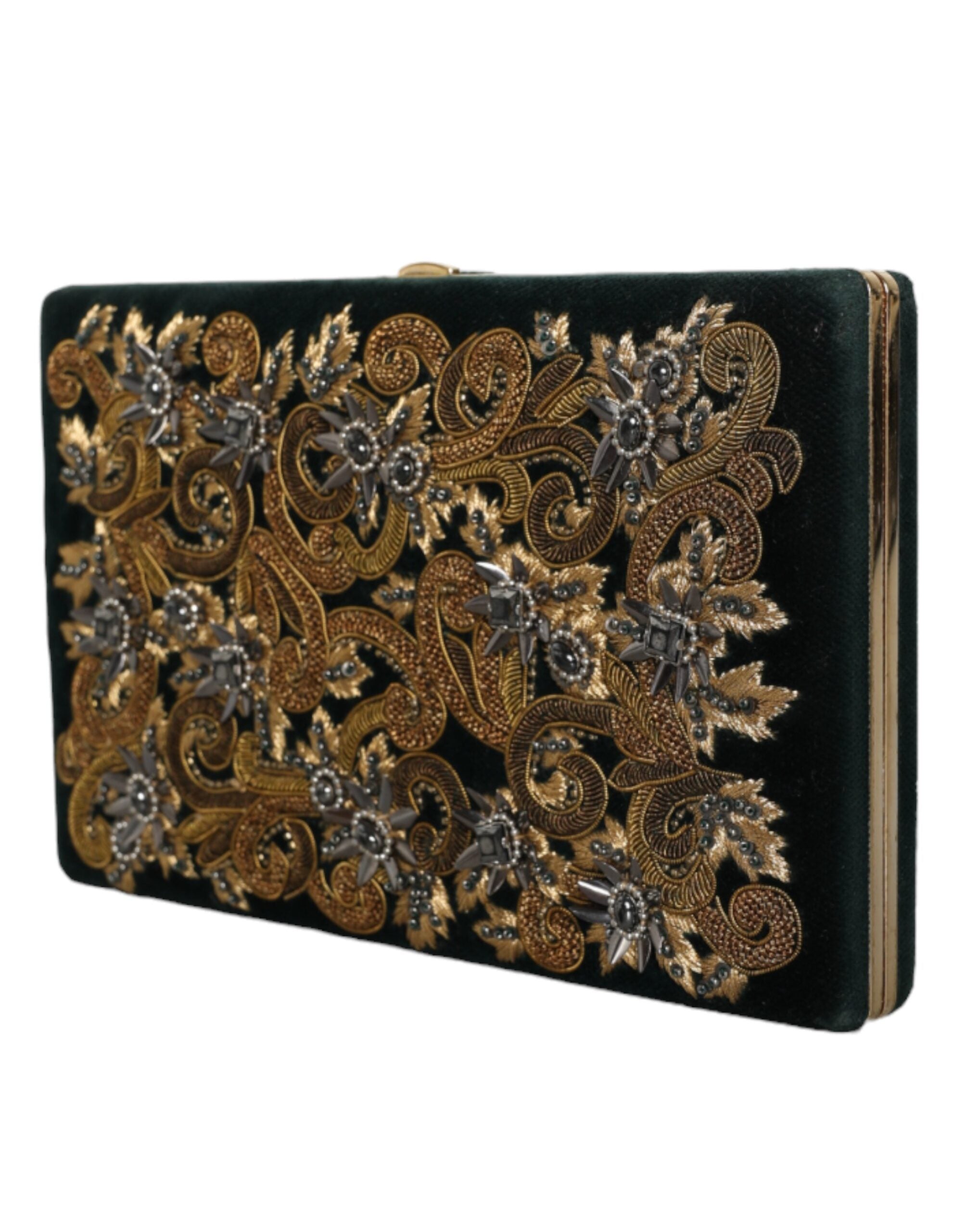 Dolce & Gabbana Velvet Frame Clutch Evening Party Purse Black Gold Bag