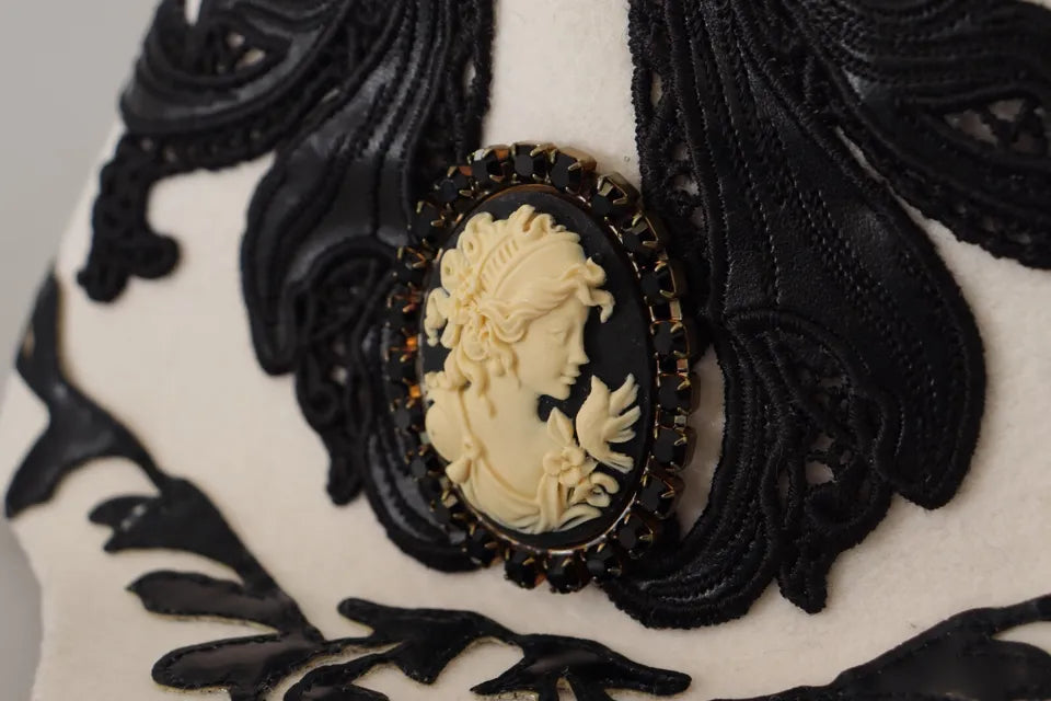 Dolce & Gabbana Wool Embroidered Cameo Brooch White Black Hat