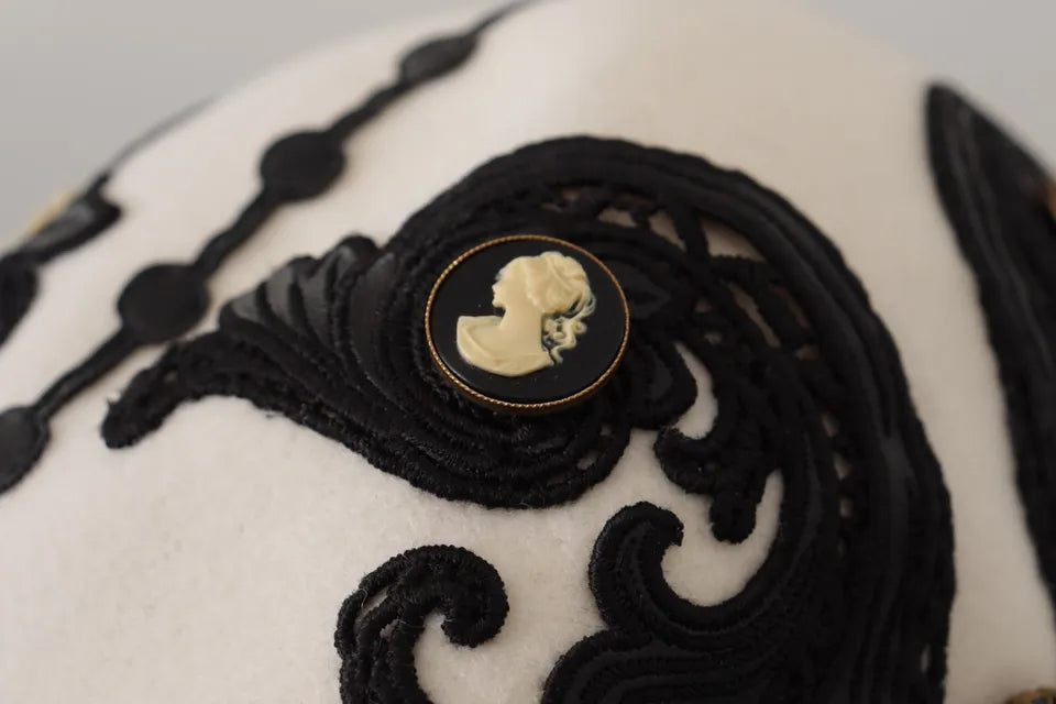 Dolce & Gabbana Wool Embroidered Cameo Brooch White Black Hat