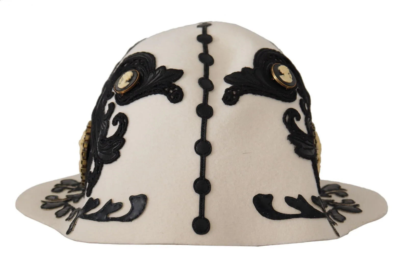 Dolce & Gabbana Wool Embroidered Cameo Brooch White Black Hat