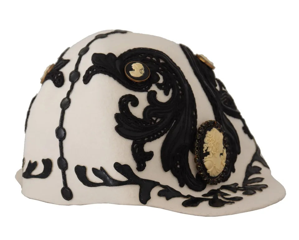 Dolce & Gabbana Wool Embroidered Cameo Brooch White Black Hat