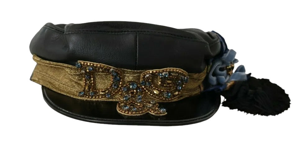 Dolce & Gabbana Leather Crystal Beads Ribbon Fiddler Black Gold Cap
