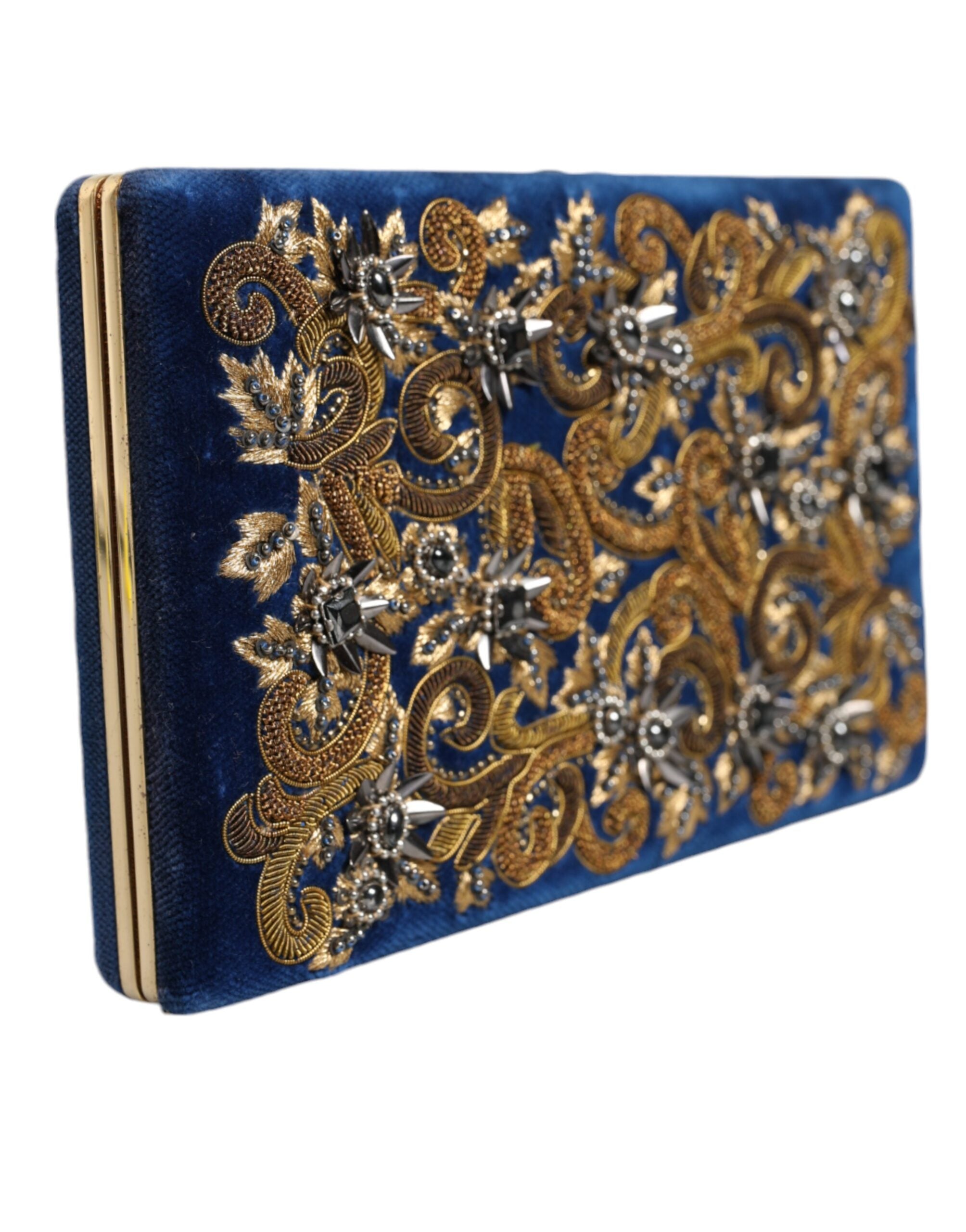 Dolce & Gabbana Velvet Frame Clutch Evening Party Purse Blue Gold Bag