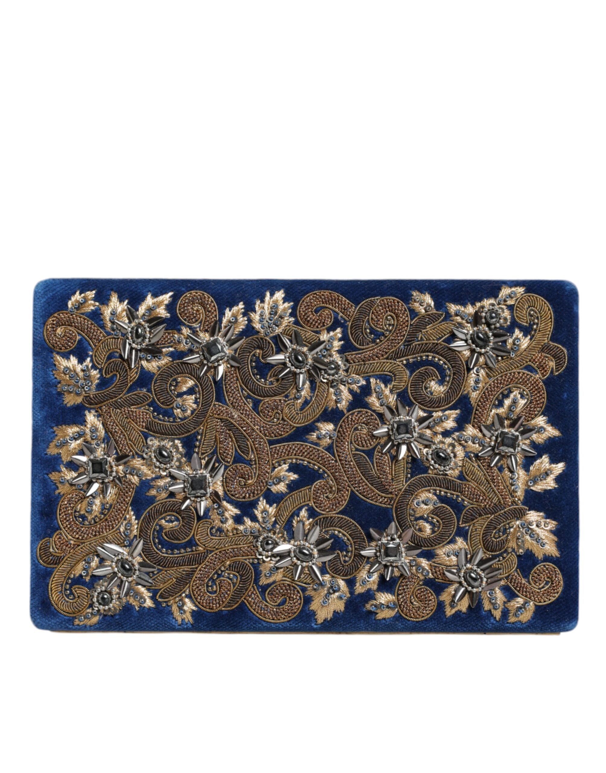 Dolce & Gabbana Velvet Frame Clutch Evening Party Purse Blue Gold Bag