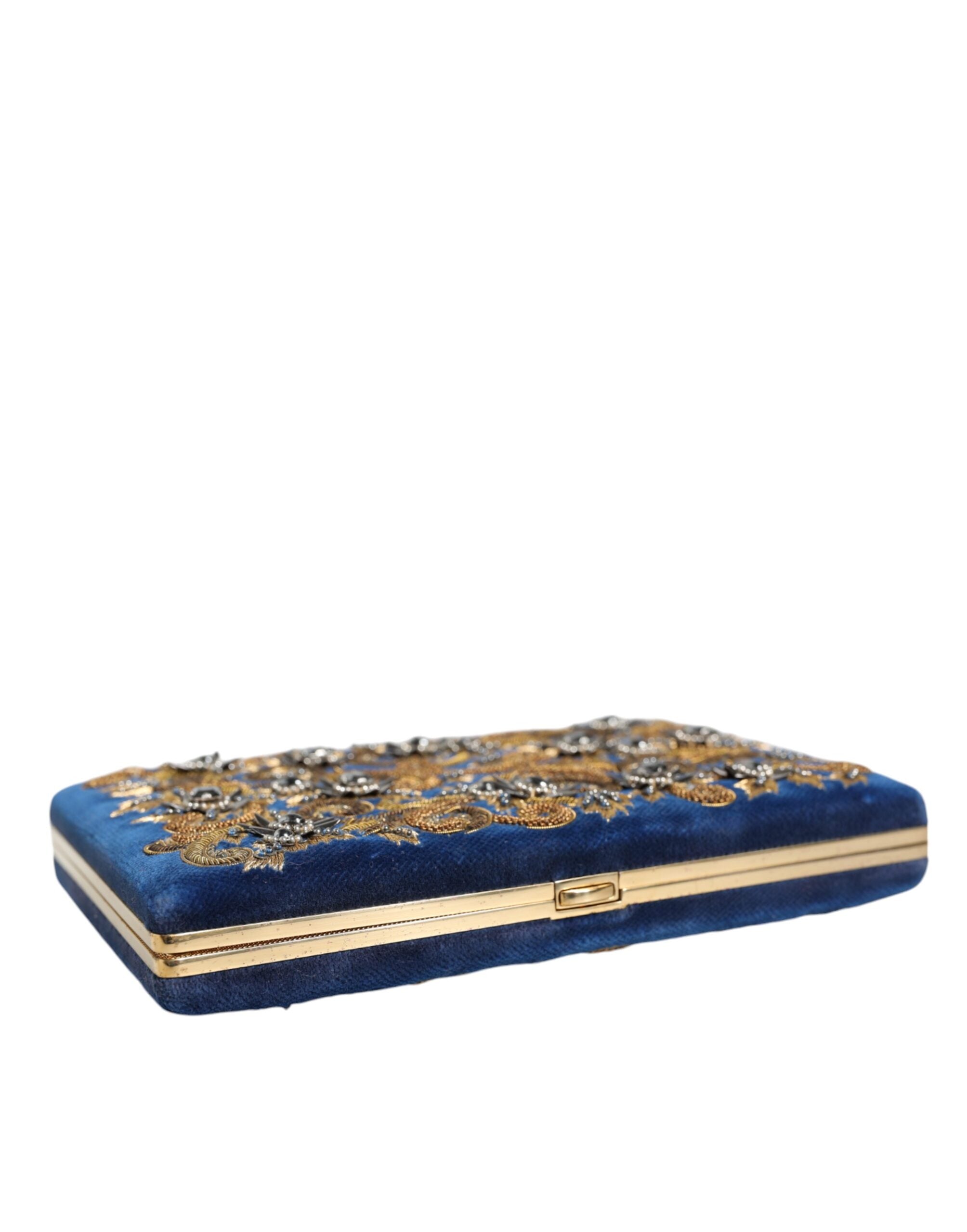 Dolce & Gabbana Velvet Frame Clutch Evening Party Purse Blue Gold Bag