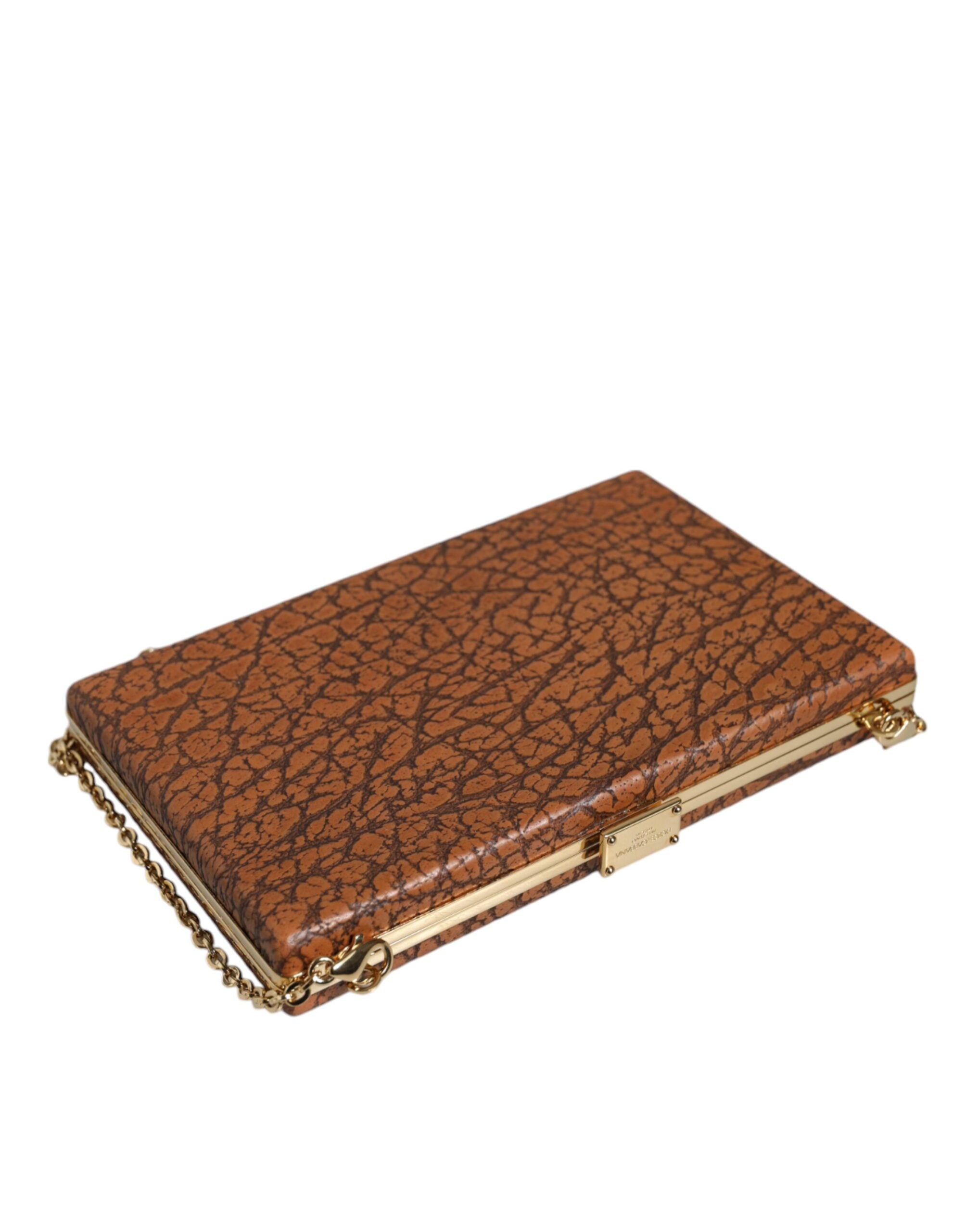 Dolce & Gabbana Leather Frame Clutch Mini Crossbody Brown Gold Bag