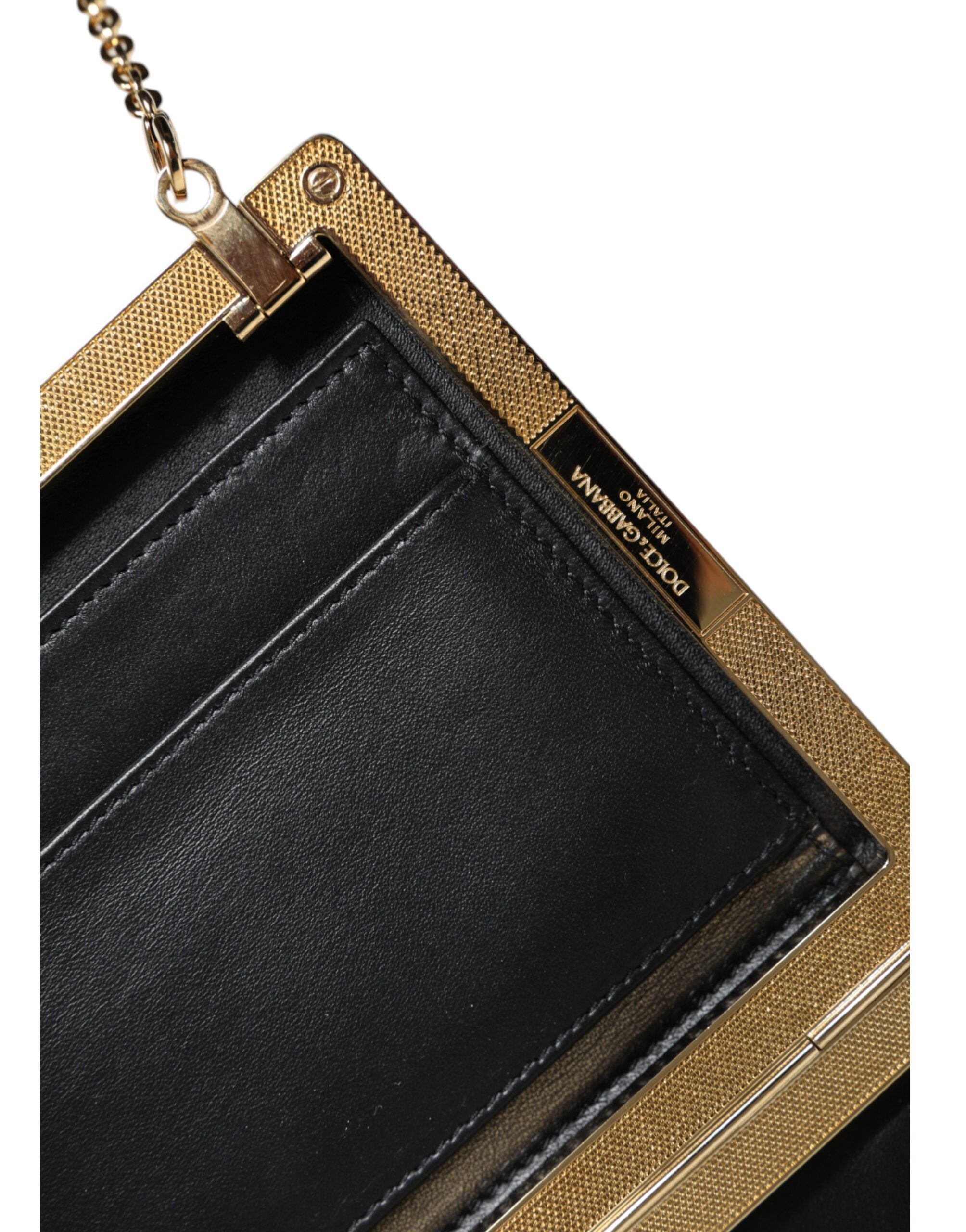 Dolce & Gabbana Leather Frame Clutch Mini Crossbody Brown Gold Bag