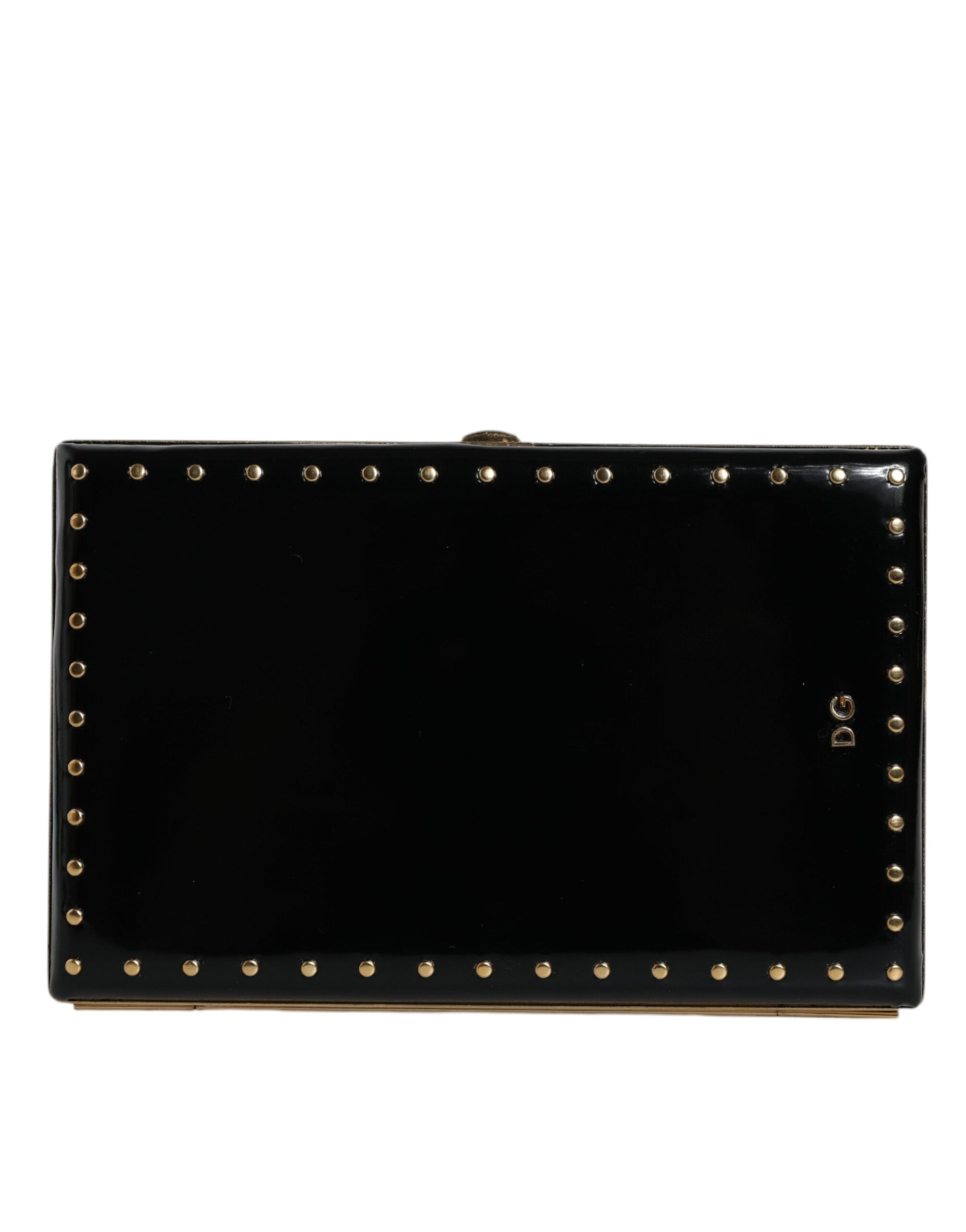 Dolce & Gabbana Leather Studs Frame Clutch Evening Purse Black Gold Bag