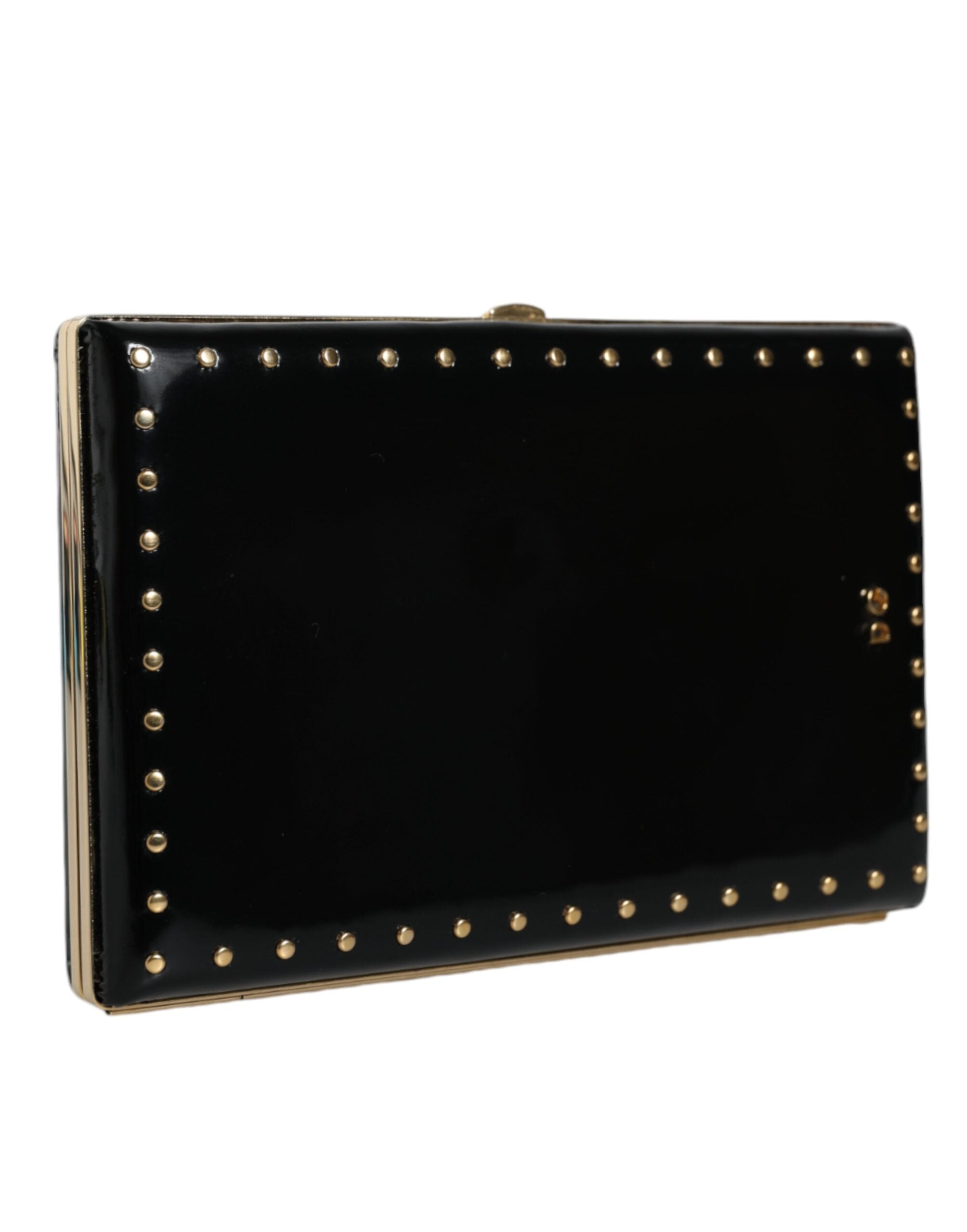 Dolce & Gabbana Leather Studs Frame Clutch Evening Purse Black Gold Bag