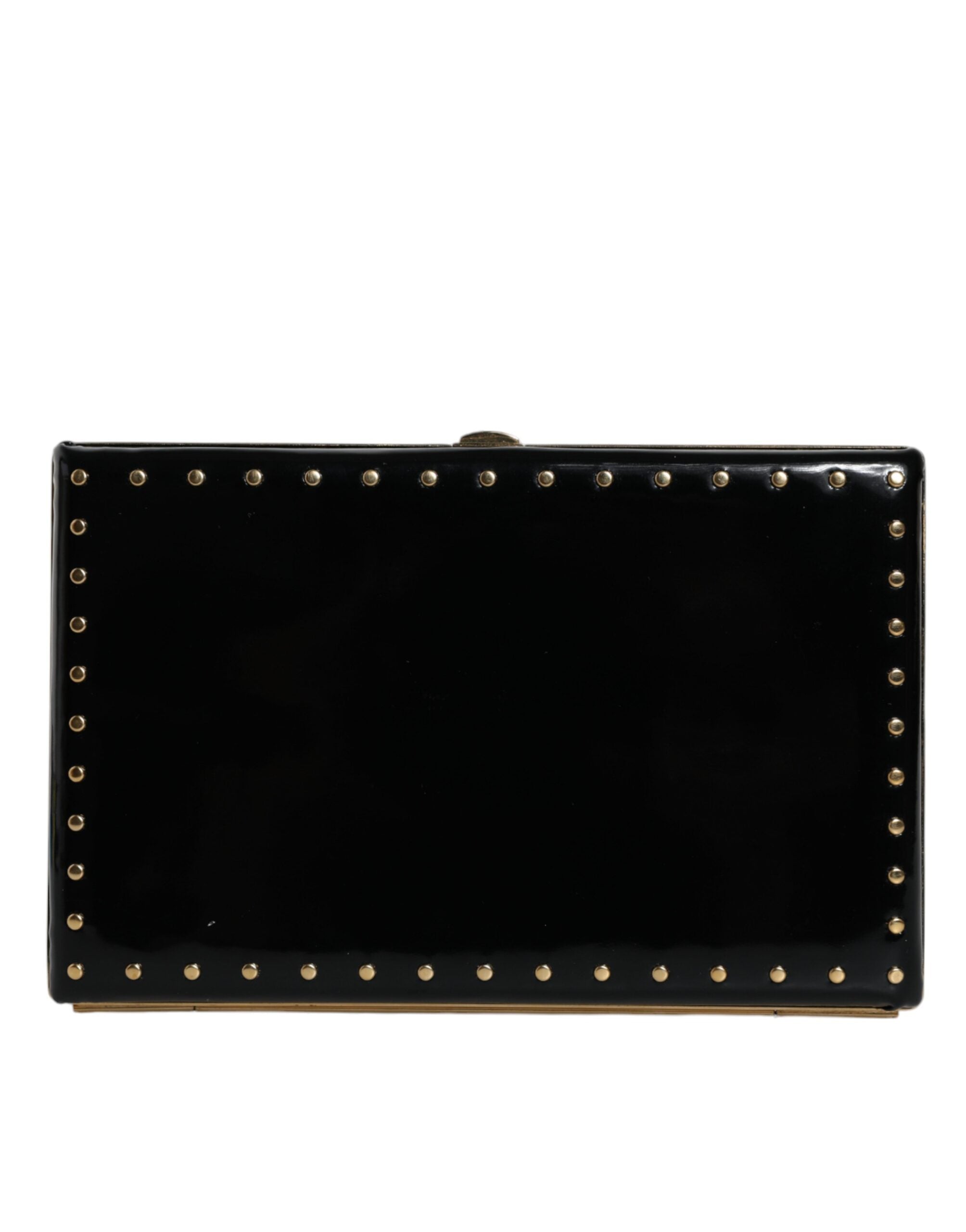 Dolce & Gabbana Leather Studs Frame Clutch Evening Purse Black Gold Bag