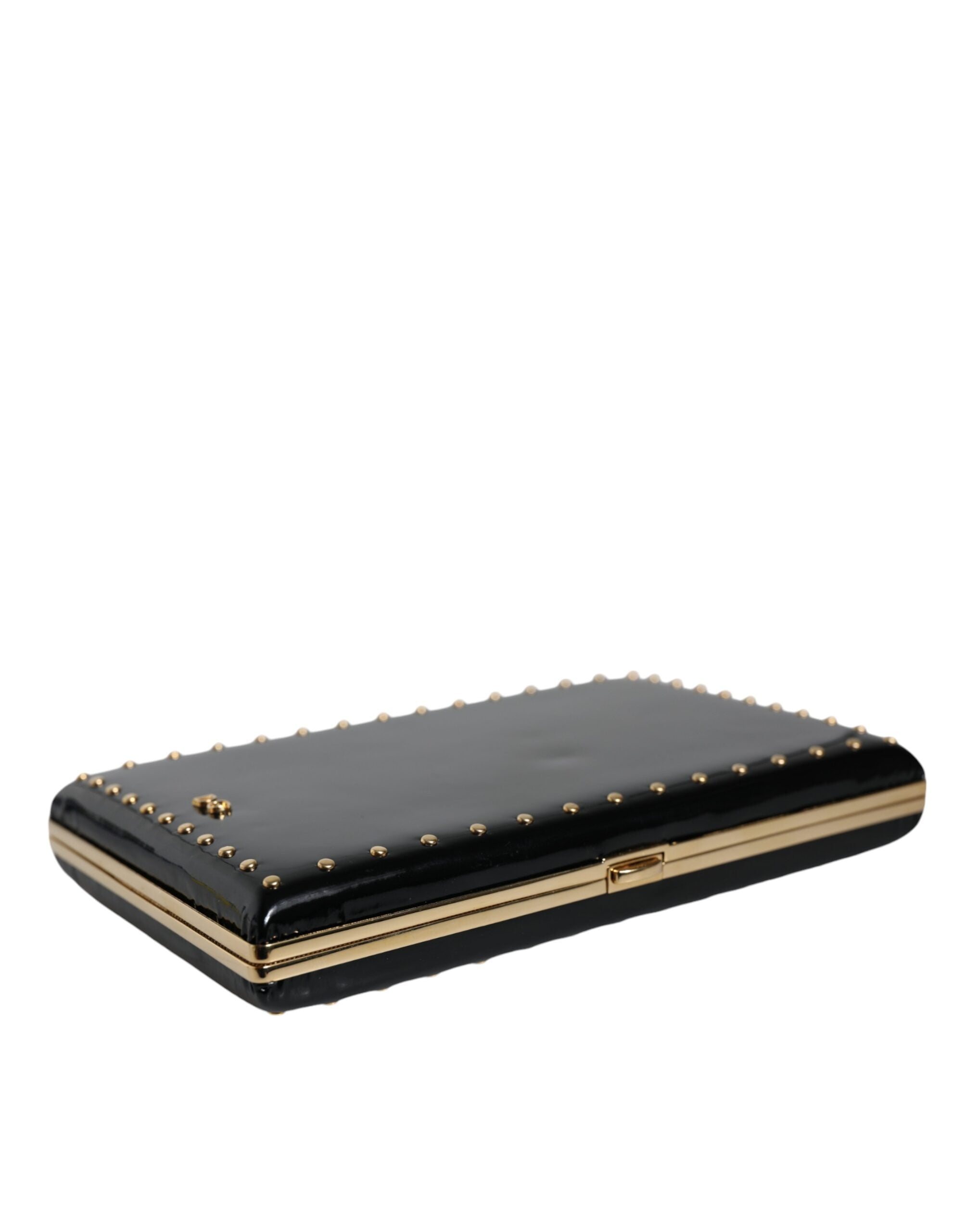 Dolce & Gabbana Leather Studs Frame Clutch Evening Purse Black Gold Bag