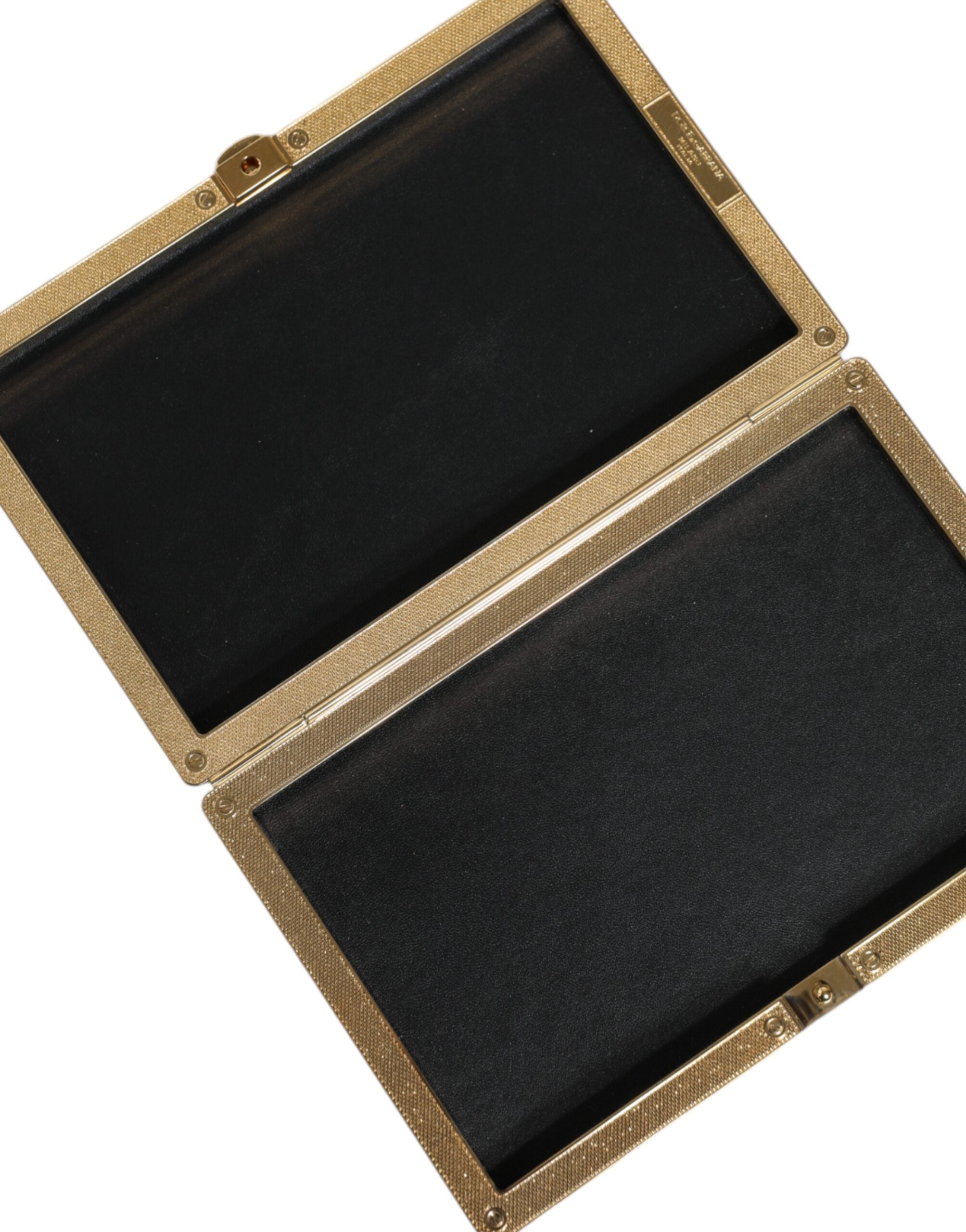 Dolce & Gabbana Leather Studs Frame Clutch Evening Purse Black Gold Bag