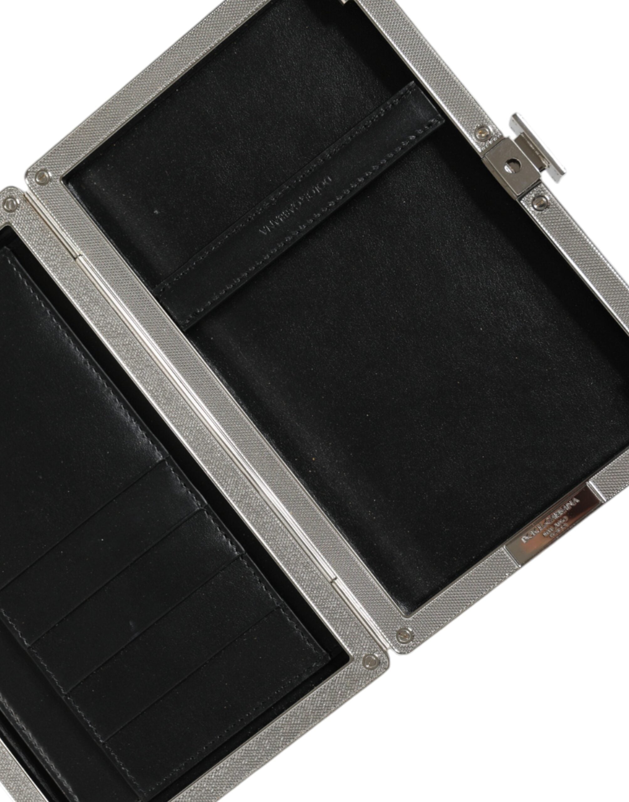 Dolce & Gabbana Leather Frame Clutch Mini Crossbody Black Silver Bag