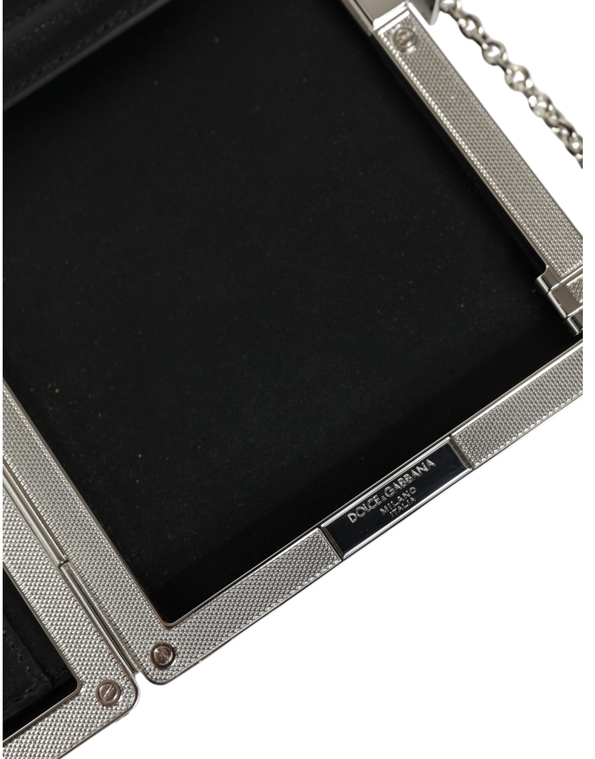 Dolce & Gabbana Leather Frame Clutch Mini Crossbody Black Silver Bag