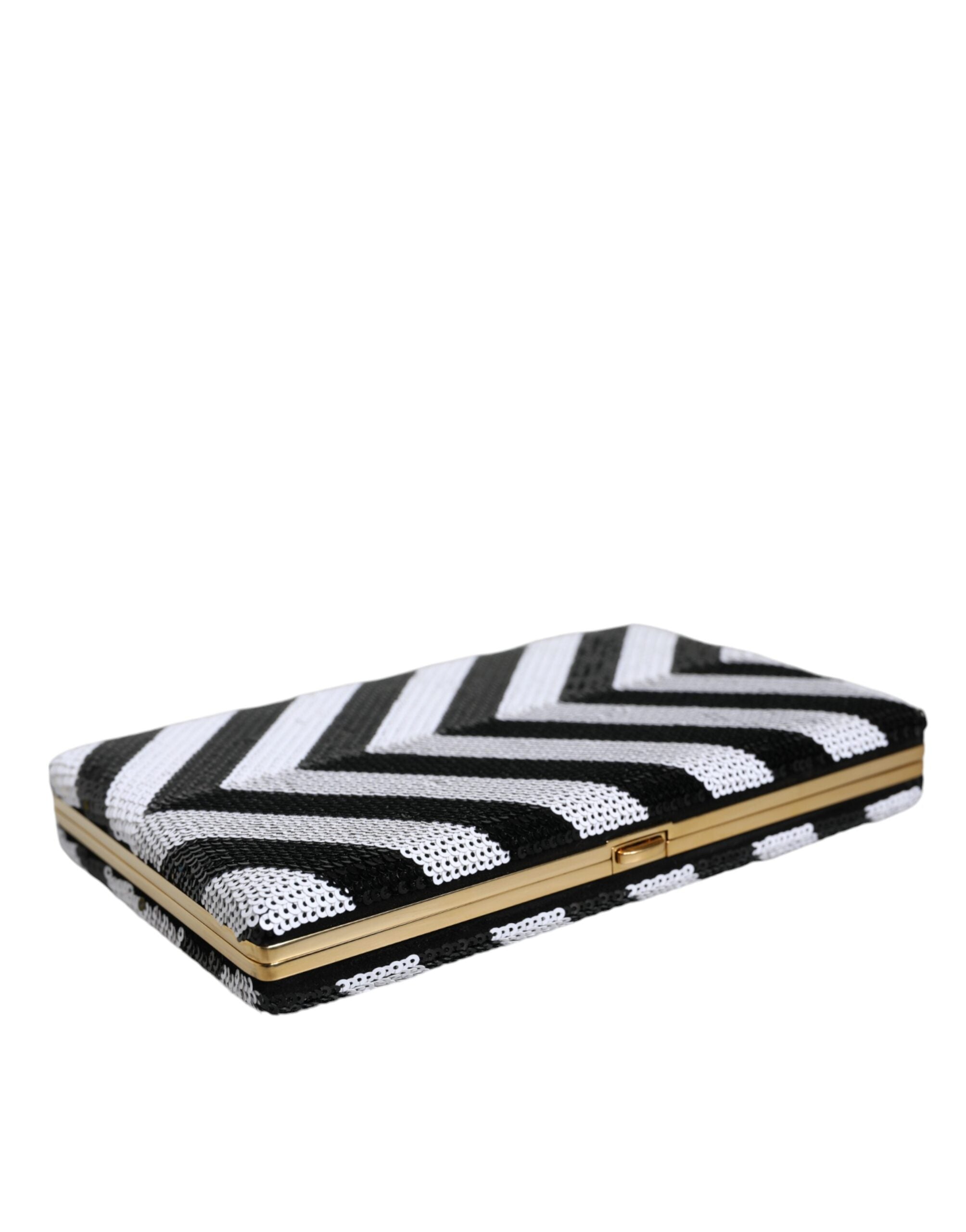 Dolce & Gabbana Frame Clutch Evening Party Purse Black White Gold Bag