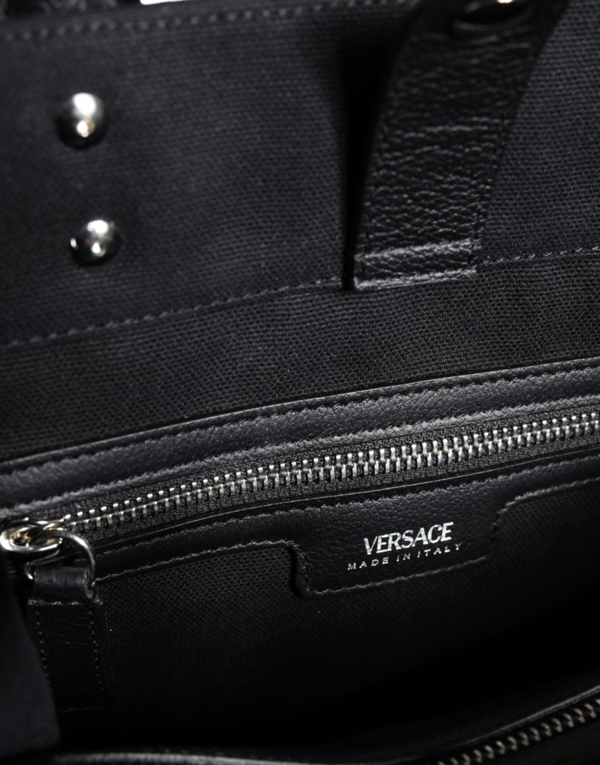 Versace Top Handle Canvas Leather Logo Crossbody Tote Black Bag
